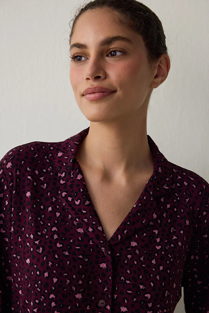 Penti Burgundy Leopard Patterned Ribbed Shirt Collar Long Sleeve Pajama Set