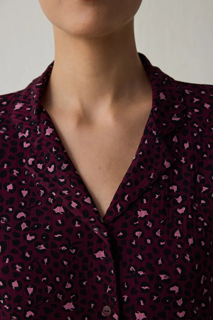 Penti Burgundy Leopard Patterned Ribbed Shirt Collar Long Sleeve Pajama Set
