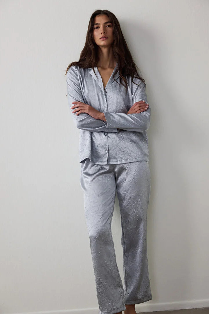Penti Light Gray Satin Shirt Collar Buttoned Long Sleeve Pajama Set
