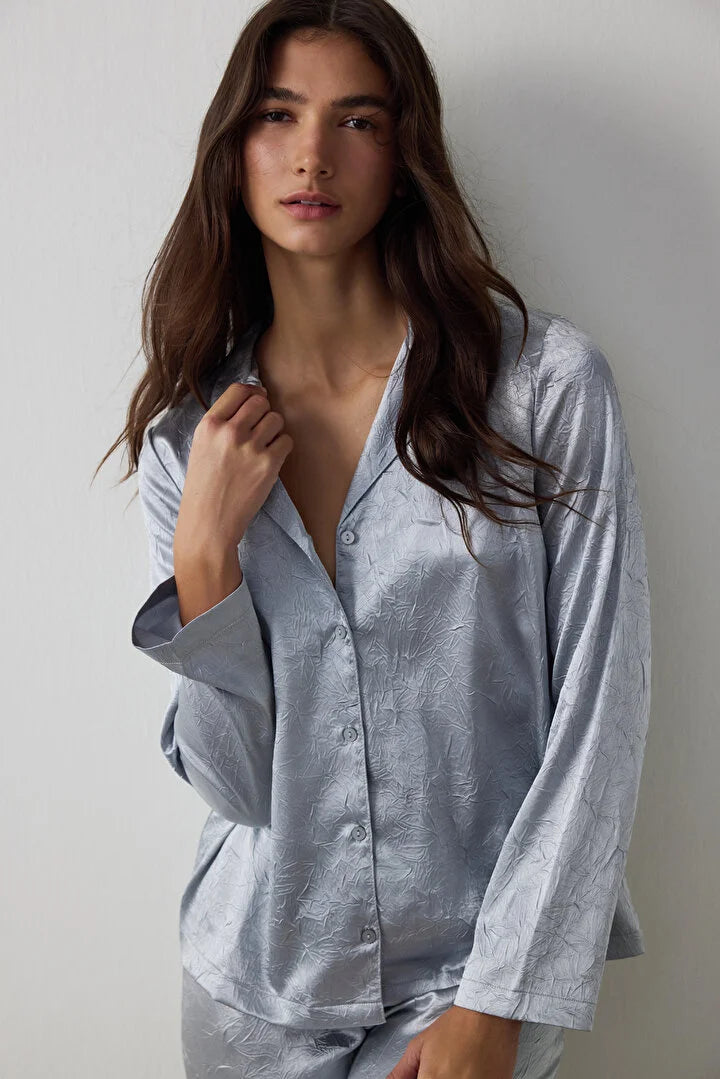 Penti Light Gray Satin Shirt Collar Buttoned Long Sleeve Pajama Set