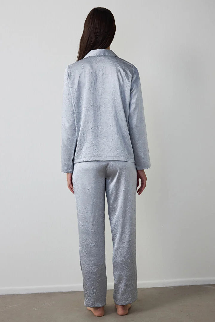 Penti Light Gray Satin Shirt Collar Buttoned Long Sleeve Pajama Set