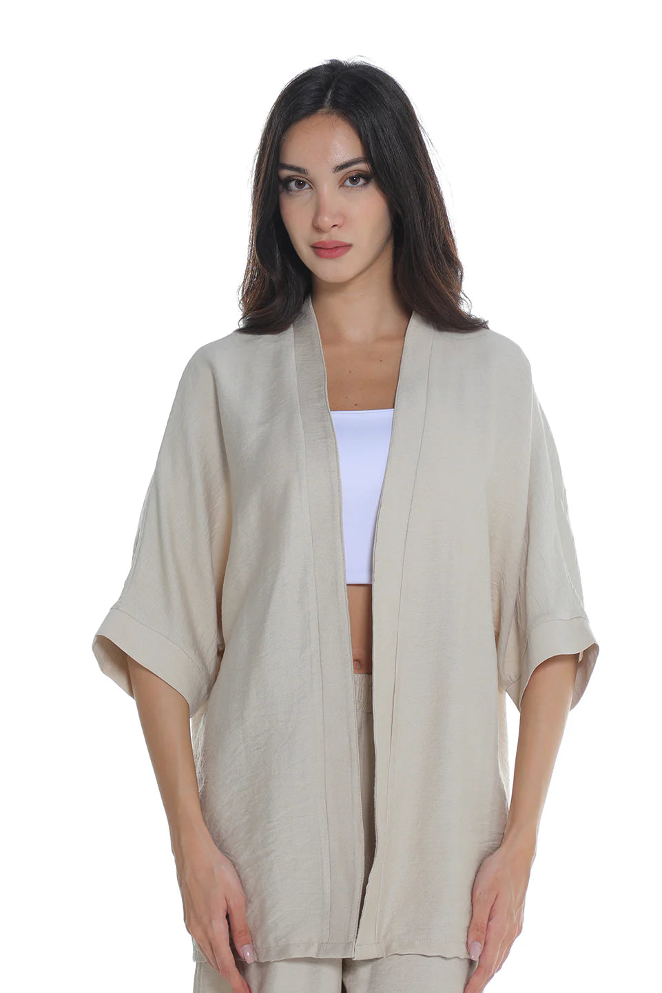 Beige Drop Shoulder Linen Cardigan