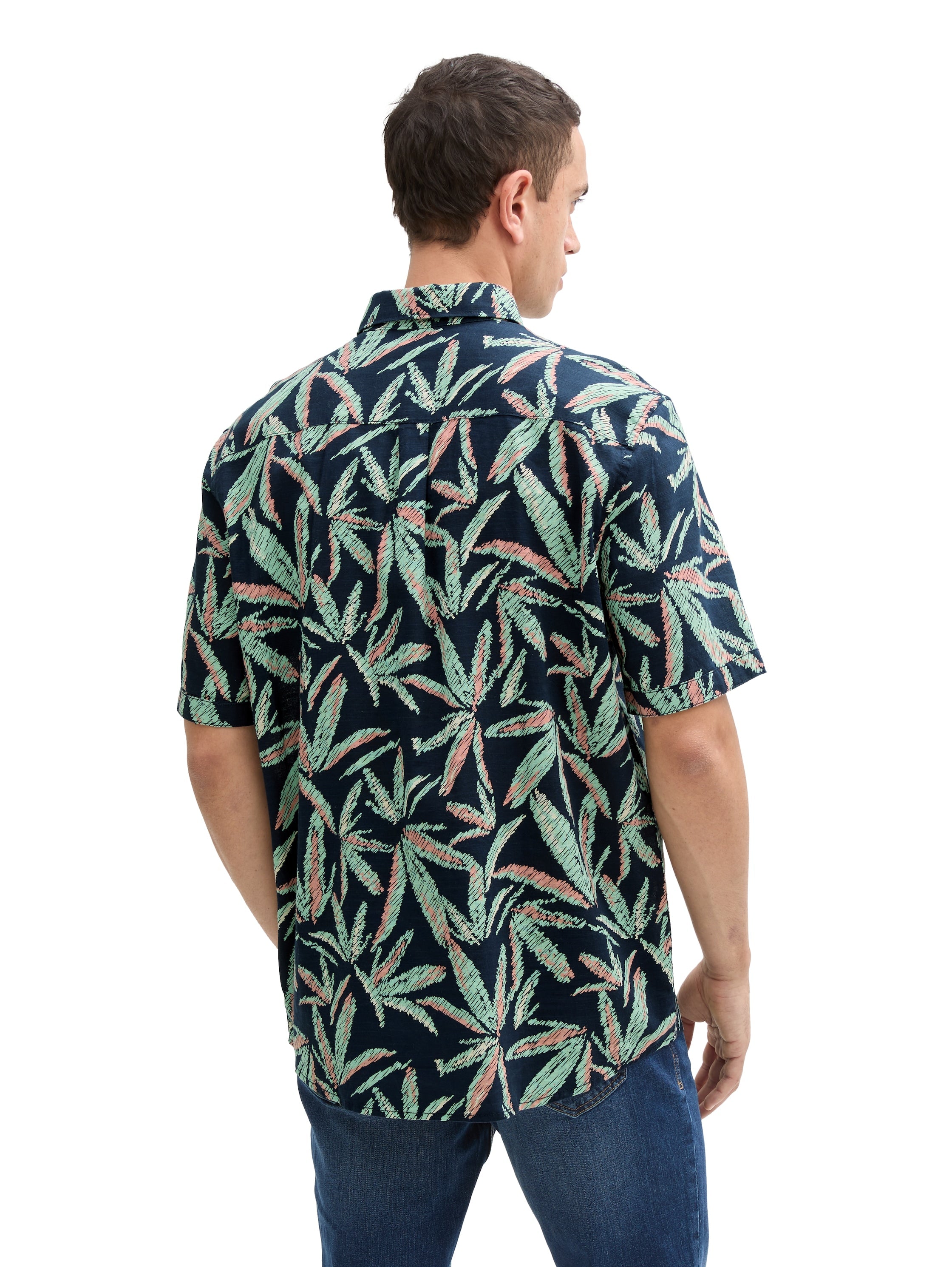 Tom Tailor Comfort Fit Navy Shirt With Palm Tree Print