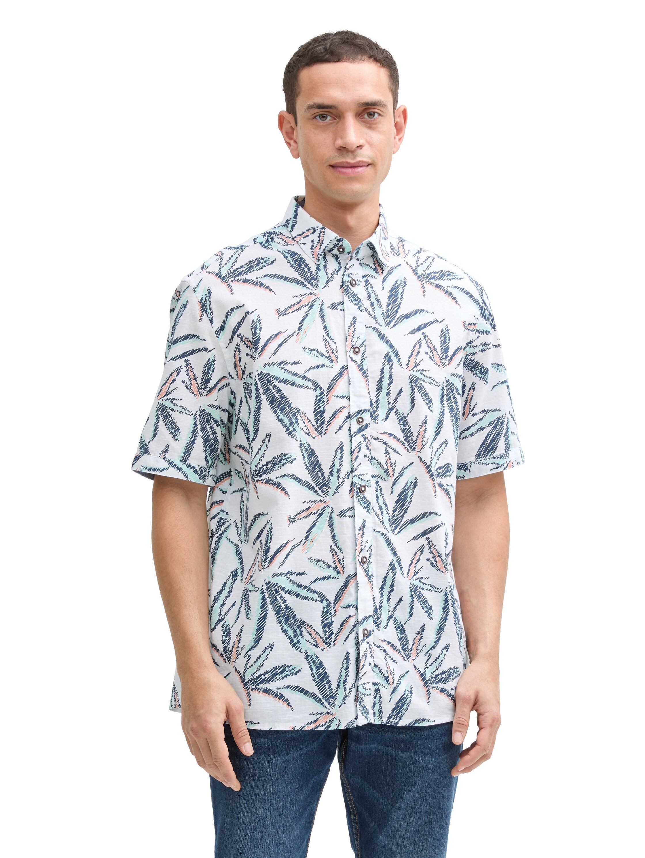 Tom Tailor Comfort Fit White Shirt With Palm Tree Print