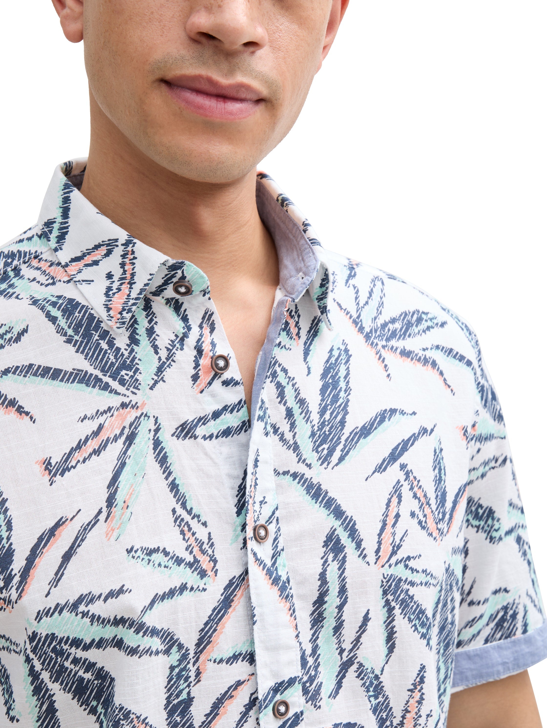 Tom Tailor Comfort Fit White Shirt With Palm Tree Print