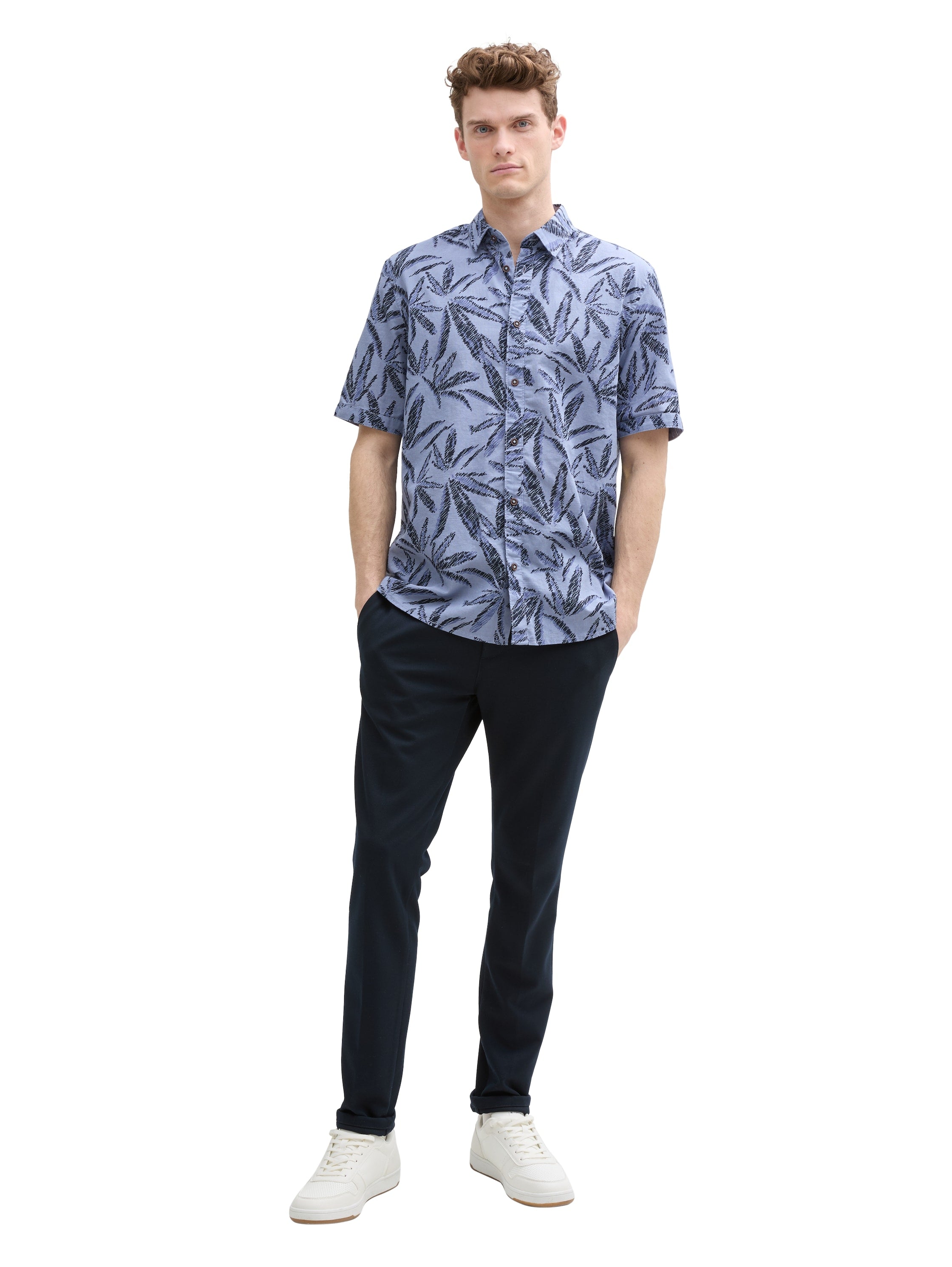 Tom Tailor Comfort Fit Dove Blue Shirt With Palm Tree Print