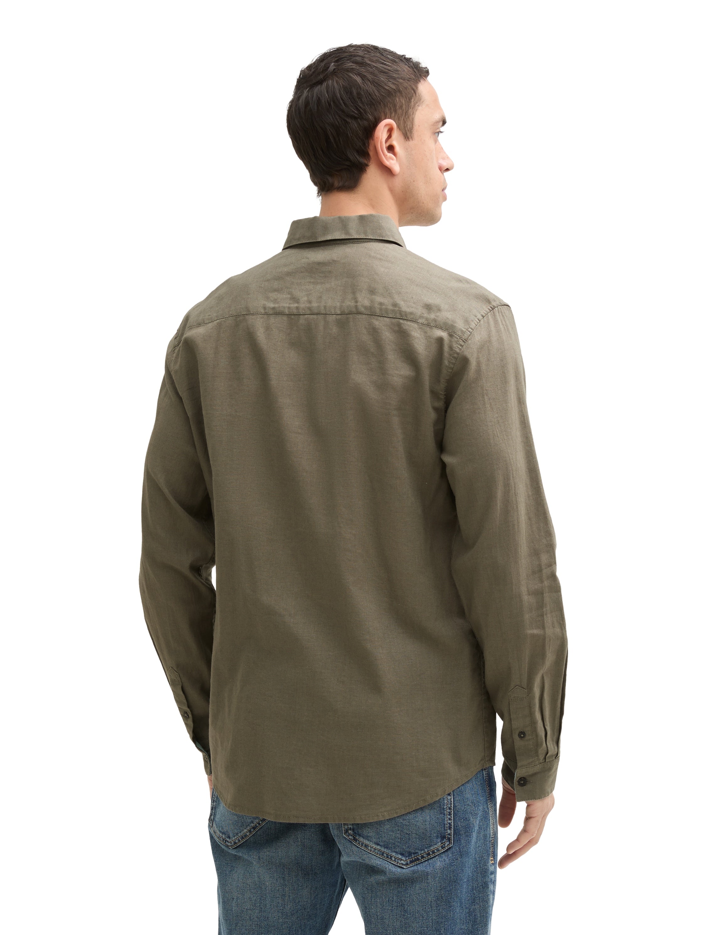 Tom Tailor Long Sleeved Smokey Olive Green Shirt With Linen Content