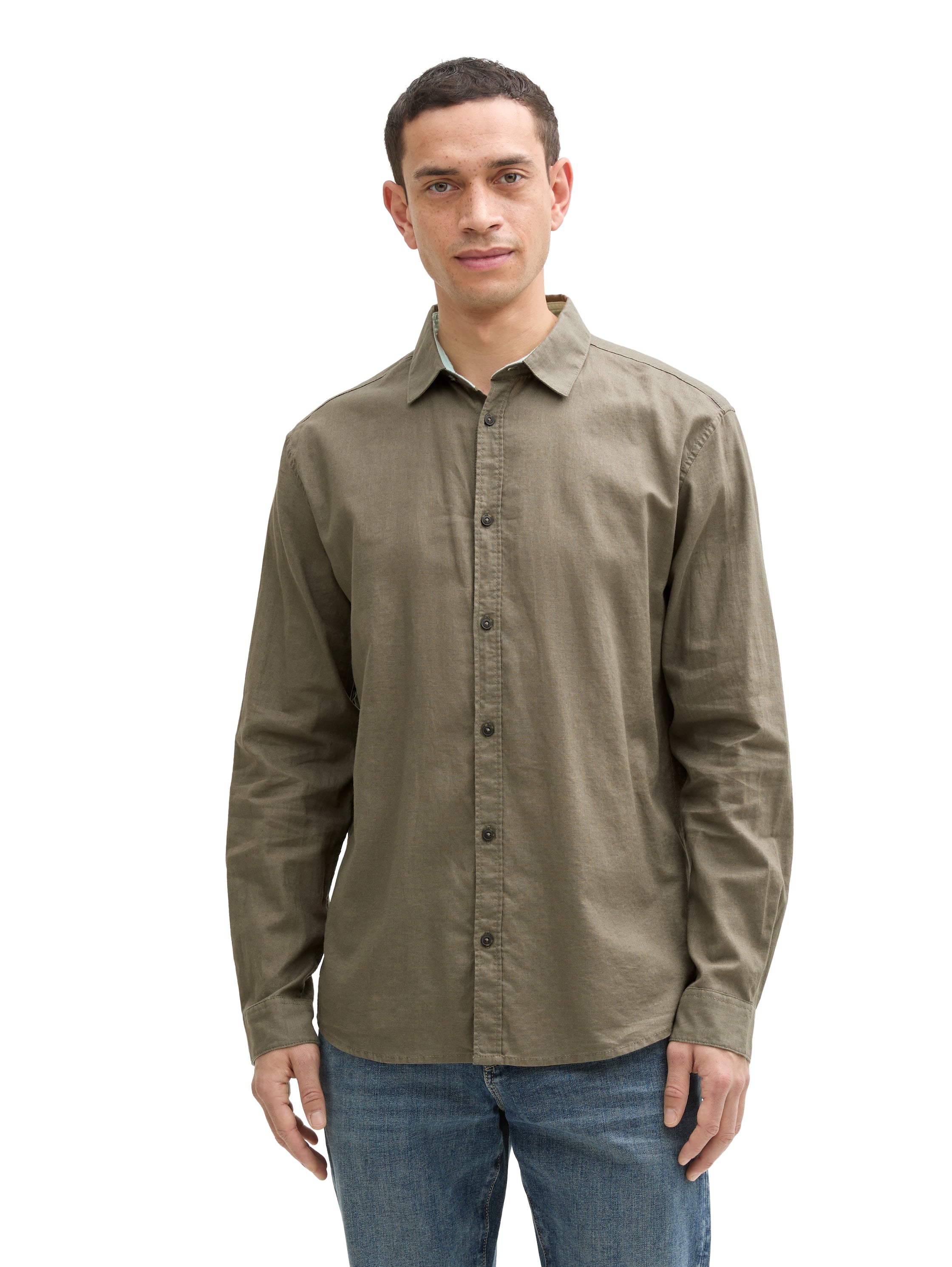 Tom Tailor Long Sleeved Smokey Olive Green Shirt With Linen Content