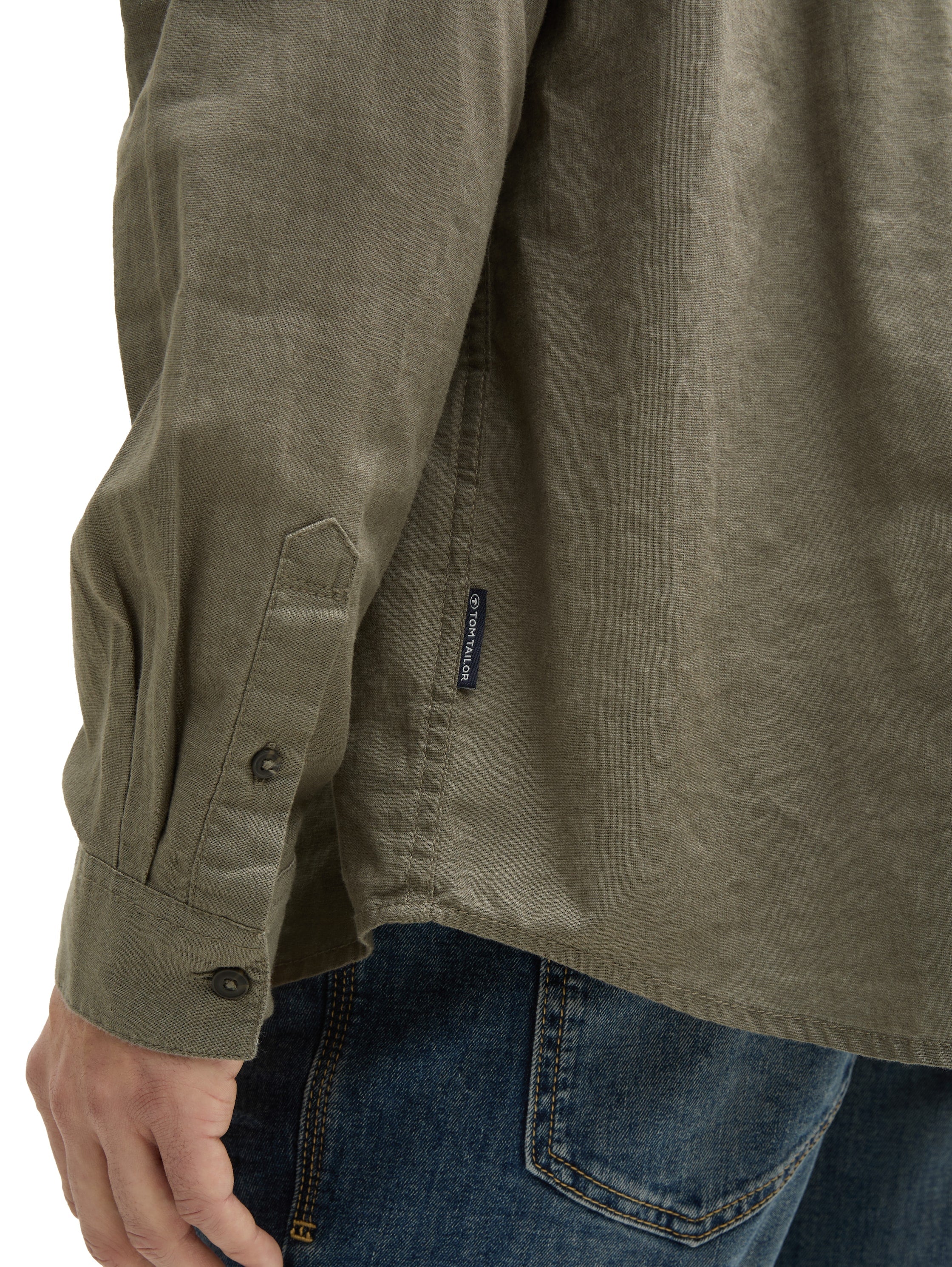 Tom Tailor Long Sleeved Smokey Olive Green Shirt With Linen Content