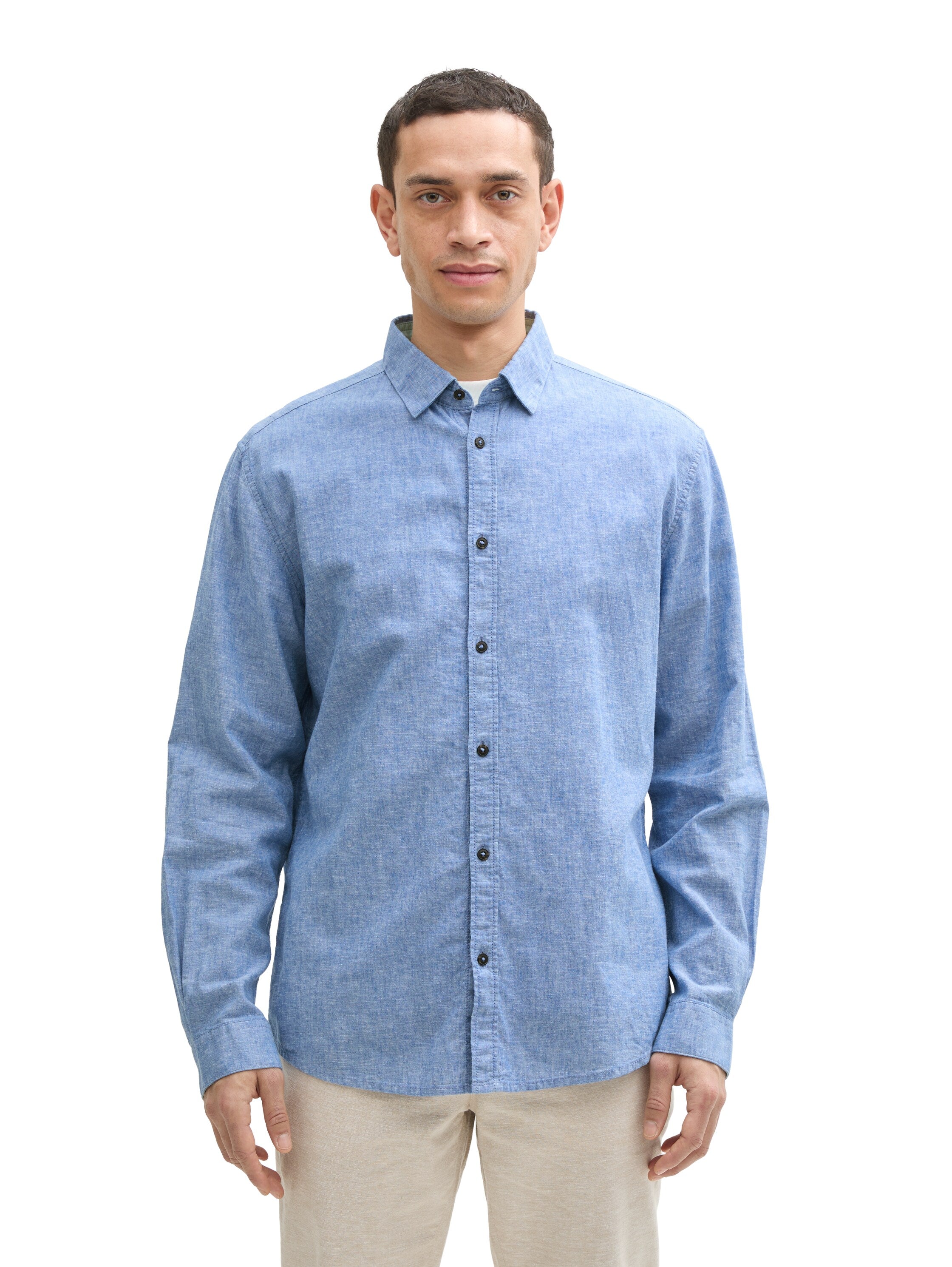 Tom Tailor Long Sleeved Sapphire Blue Shirt With Linen Content
