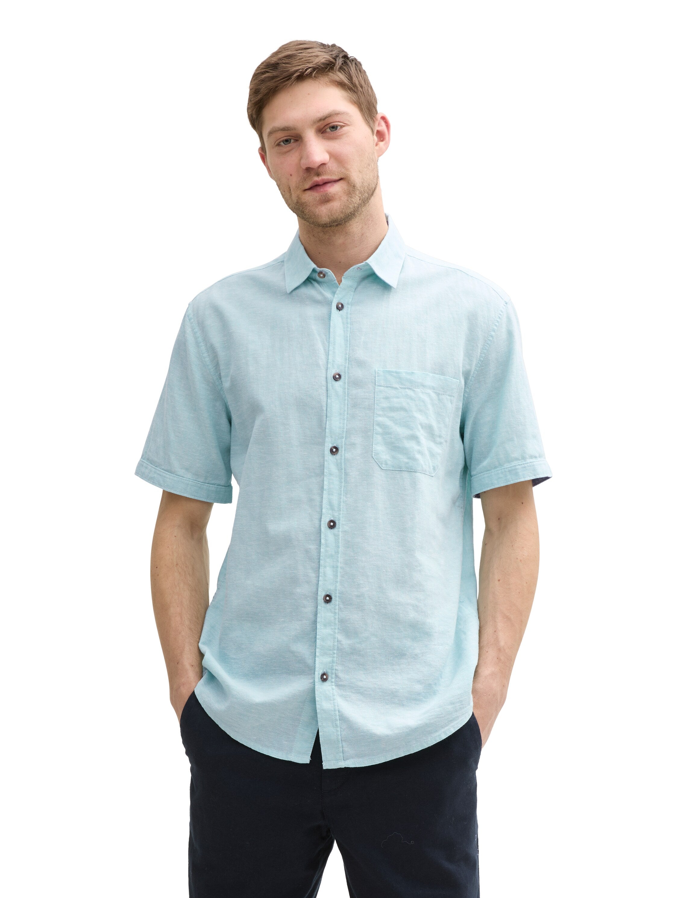 Tom Tailor Regular Fit Pastel Turquoise Shirt With Linen Content