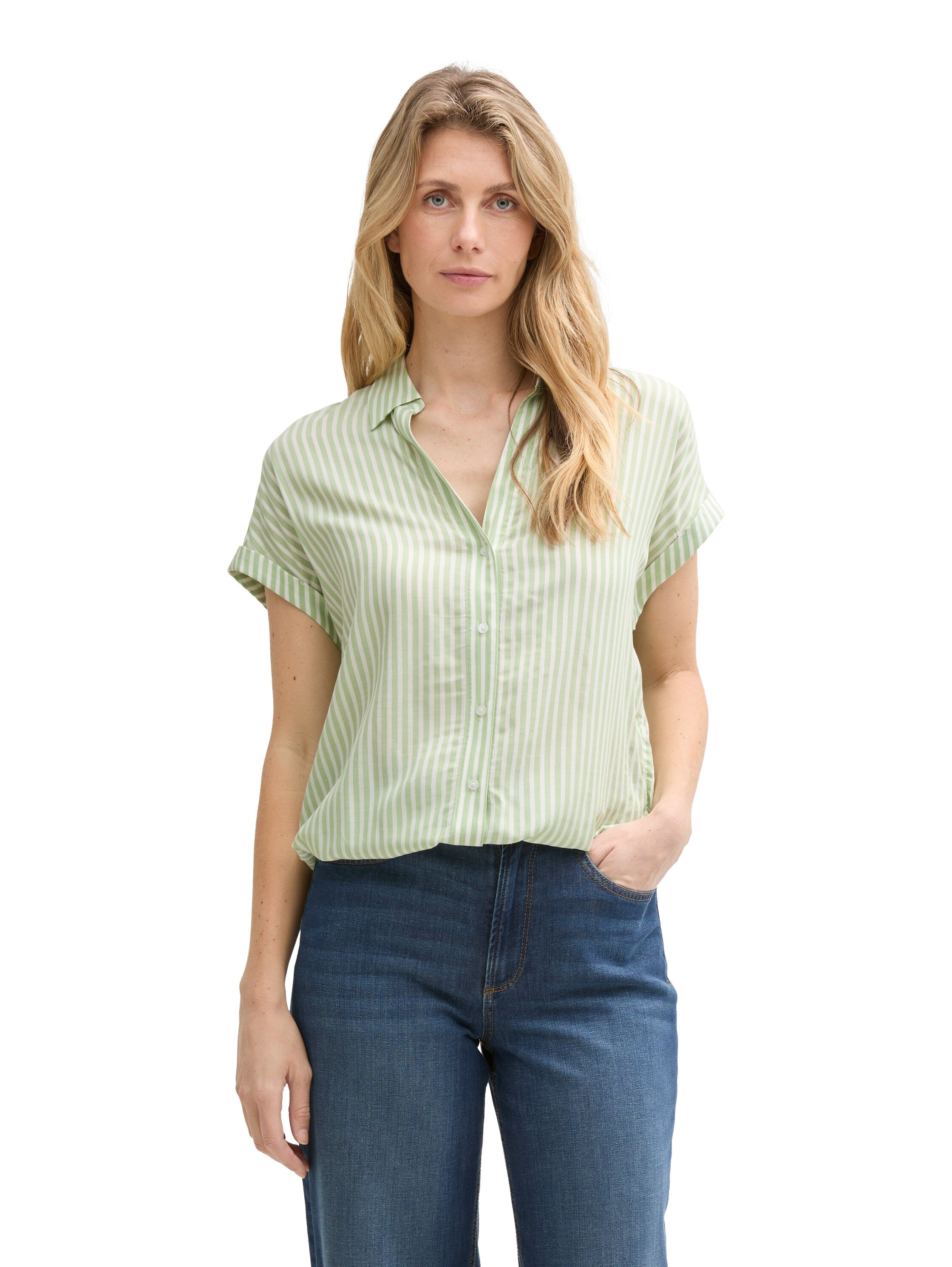 Tom Tailor Green Loose Fit Blouse With White Thin Stripes