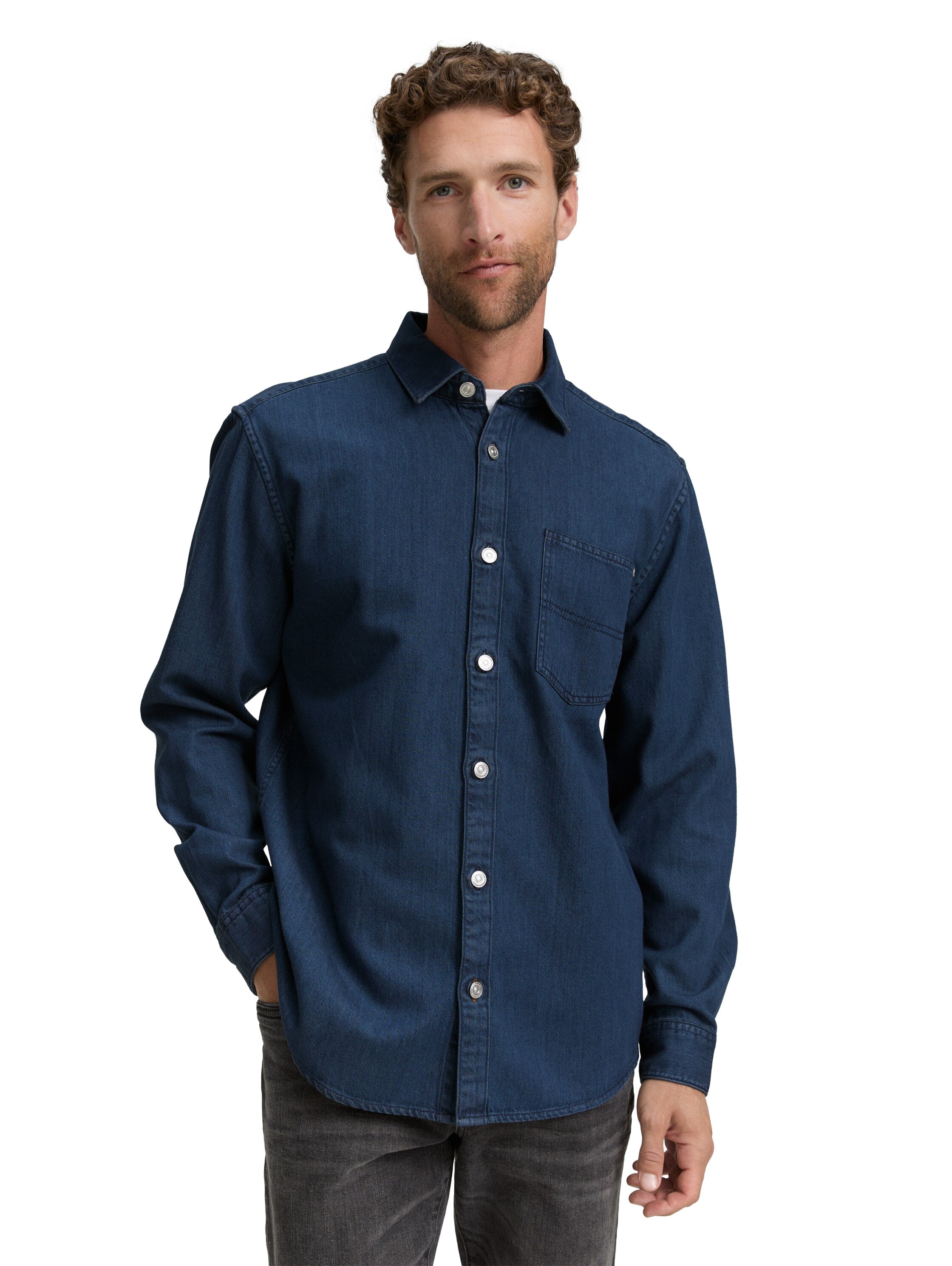Tom Tailor Blue Denim Shirt With White Button
