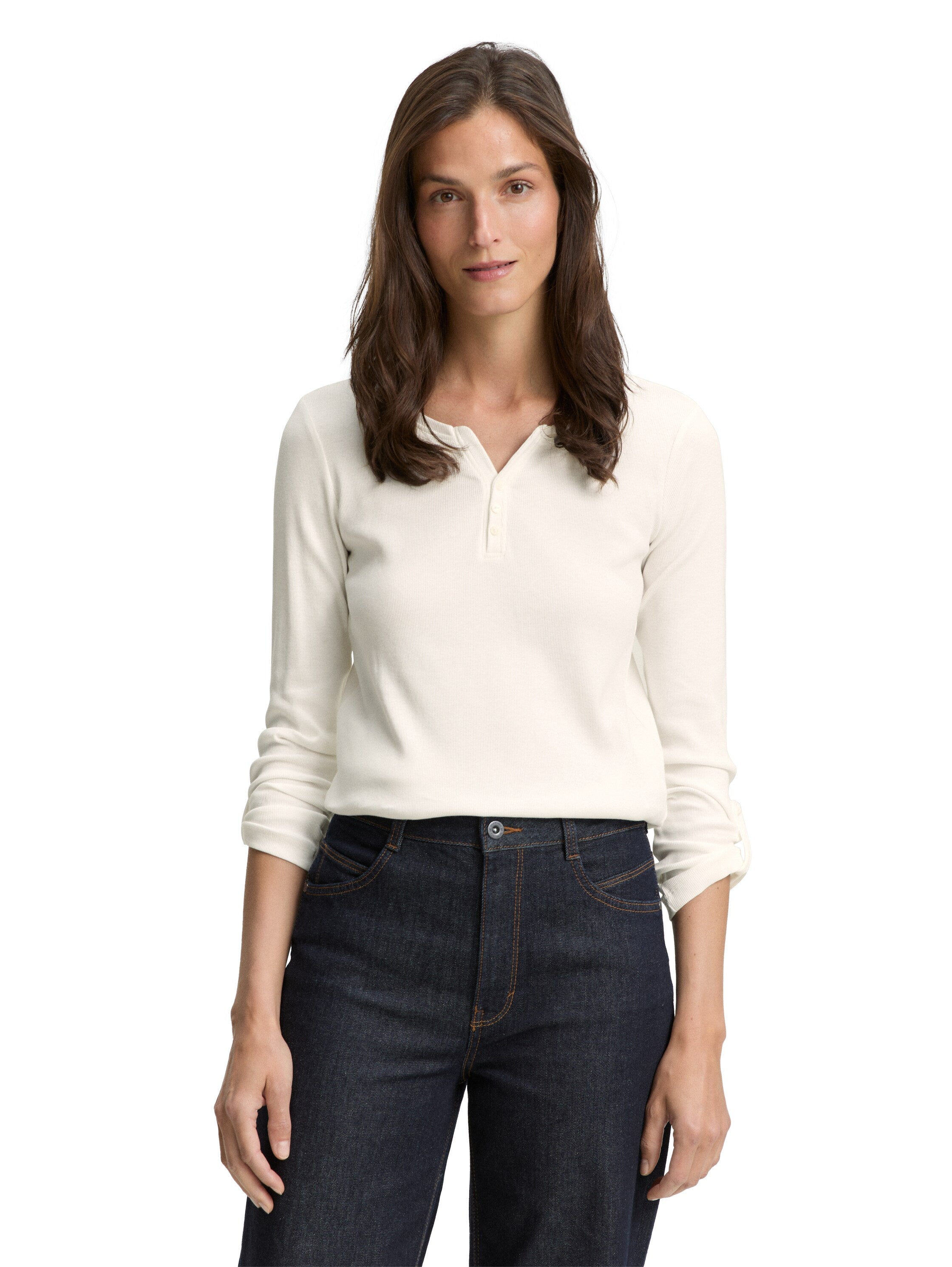Tom Tailor Long Sleeved Off white Top With Three Button To Close