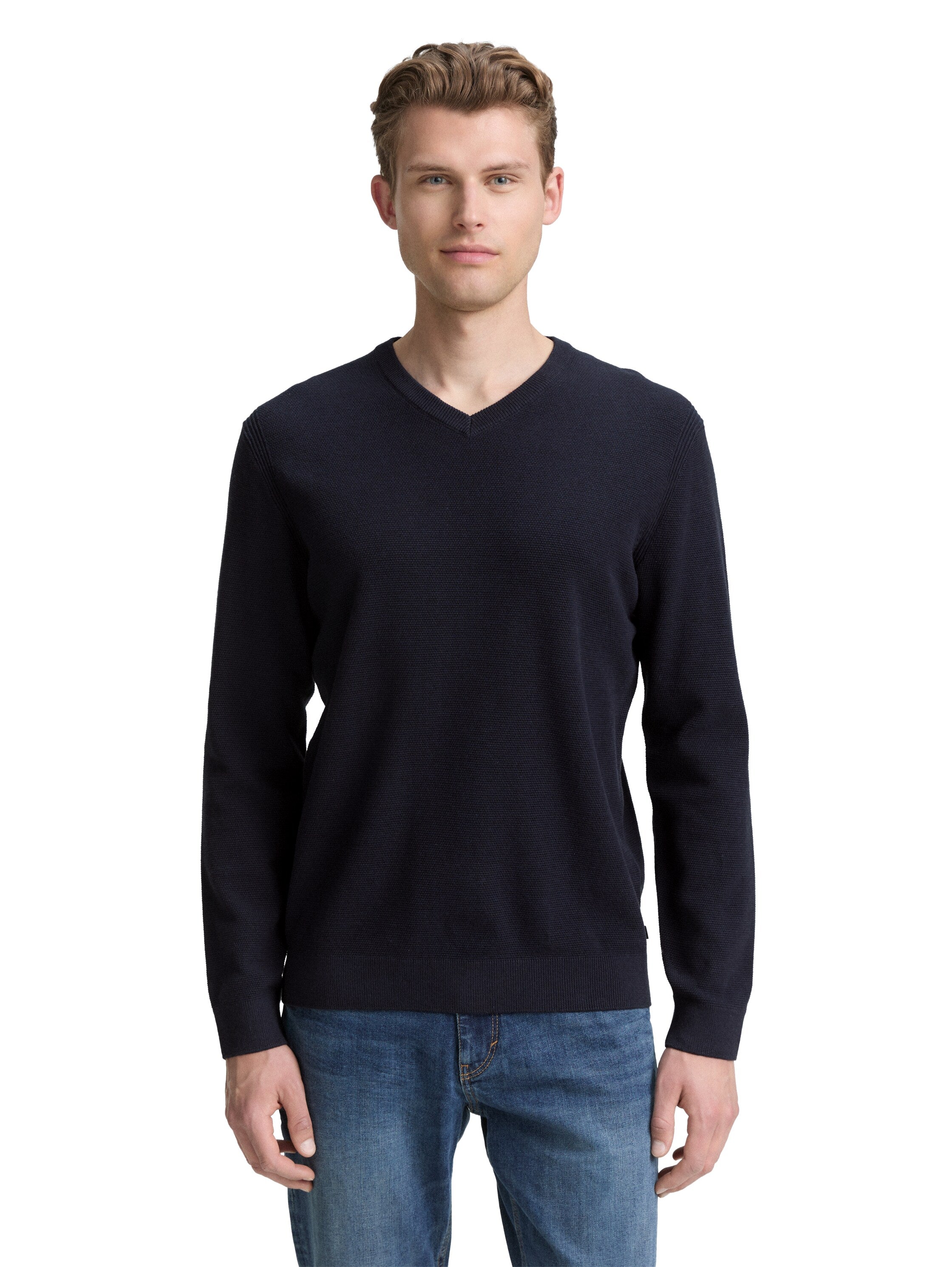 Tom Tailor Knitted Navy Sweater With V- Neck Collar