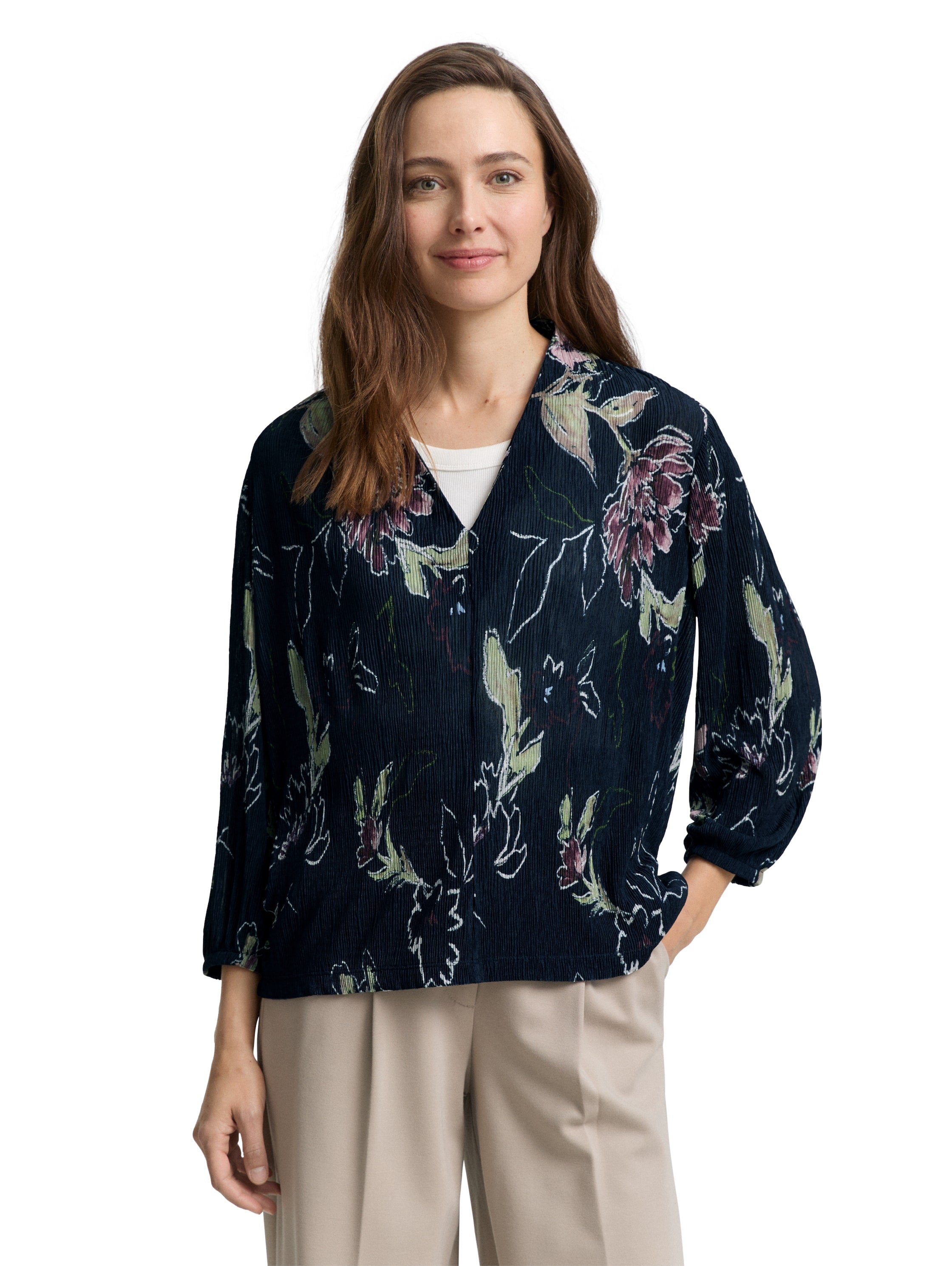 Tom Tailor Navy Printed V-Neck Blouse