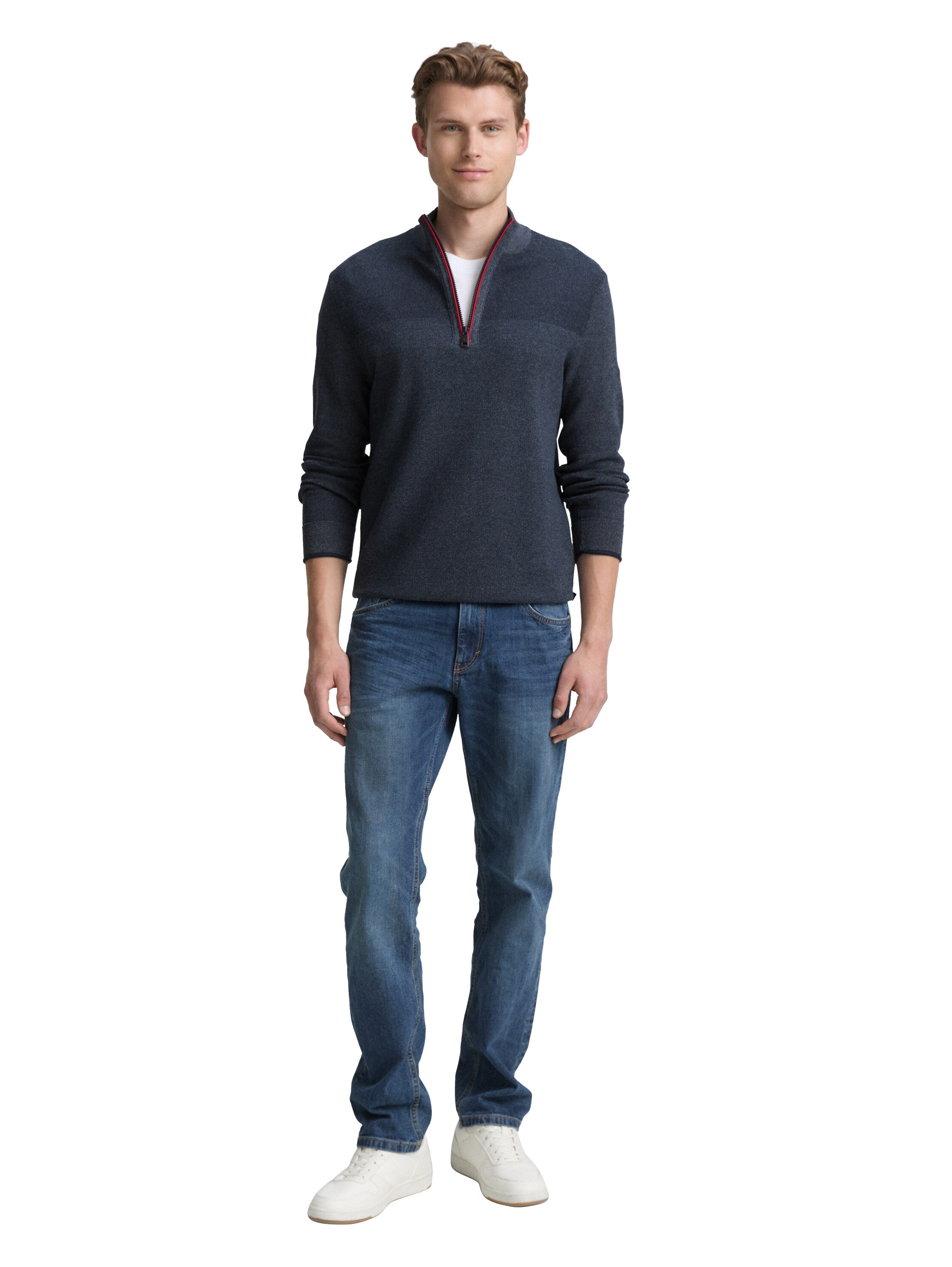 Tom Tailor Navy Blue Pullover With Half Zipper To Close