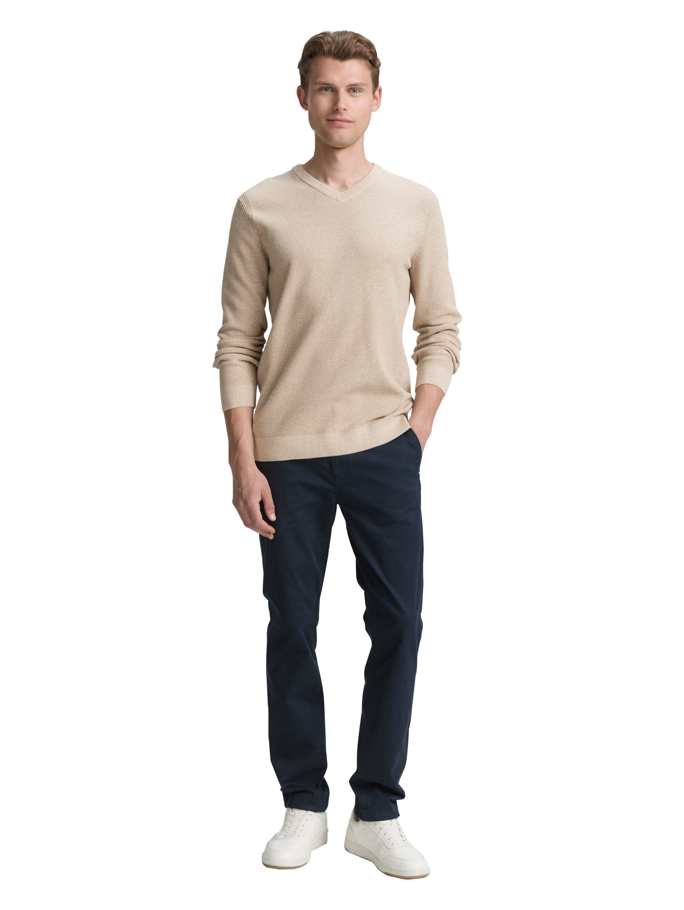 Tom Tailor Knitted Beige Sweater With V- Neck Collar