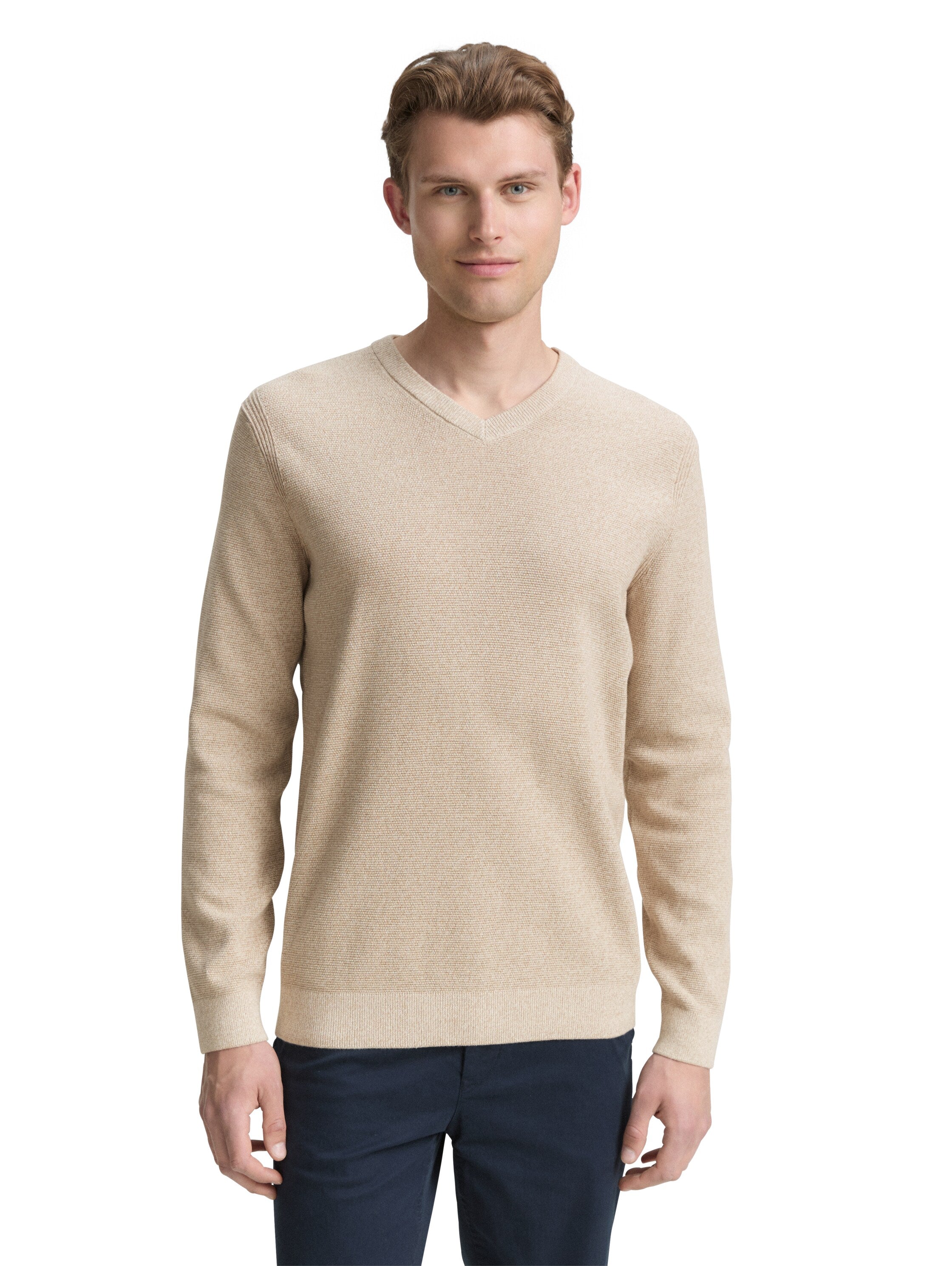 Tom Tailor Knitted Beige Sweater With V- Neck Collar