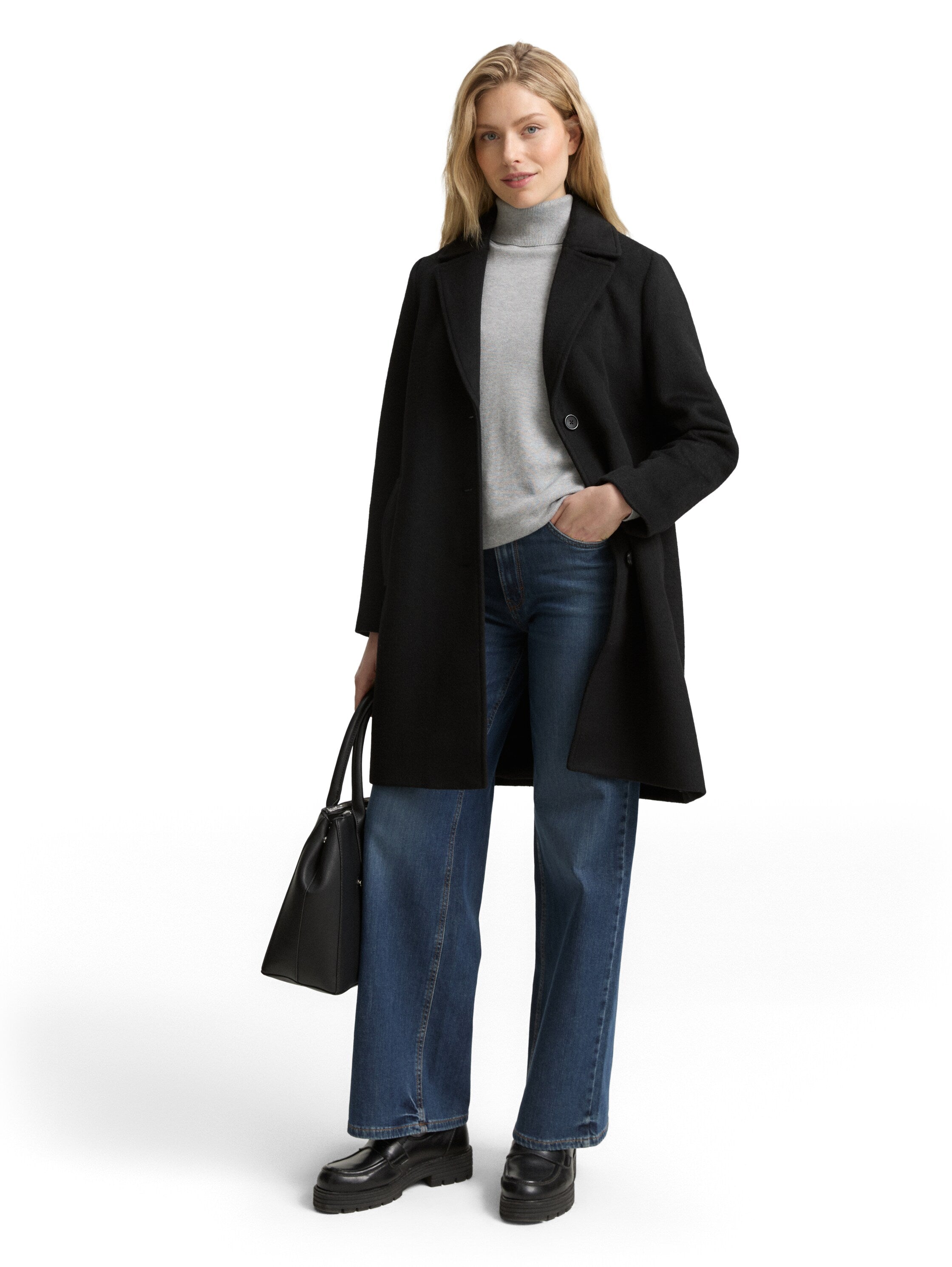 Tom Tailor Wool Deep Black Coat With Slit Pockets