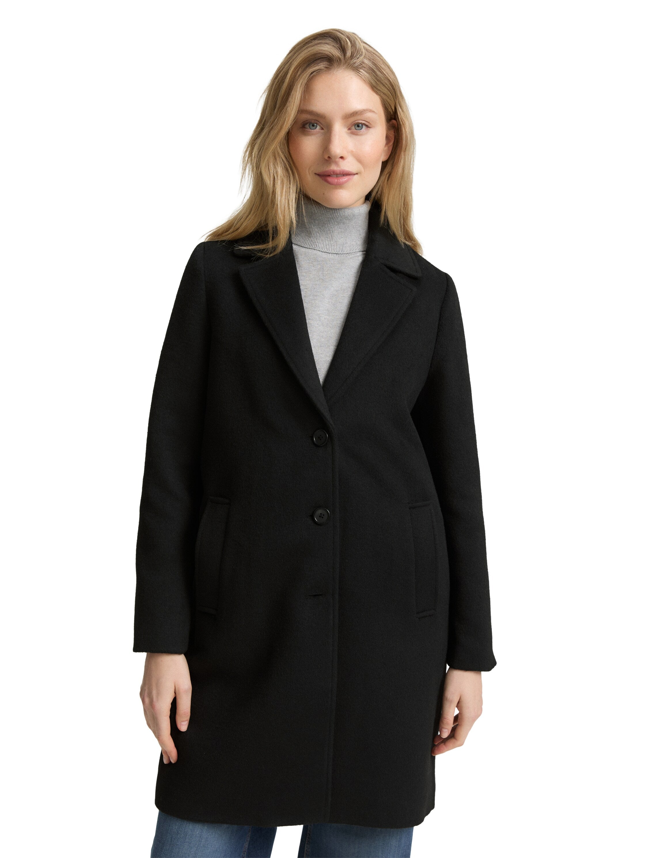 Tom Tailor Wool Deep Black Coat With Slit Pockets