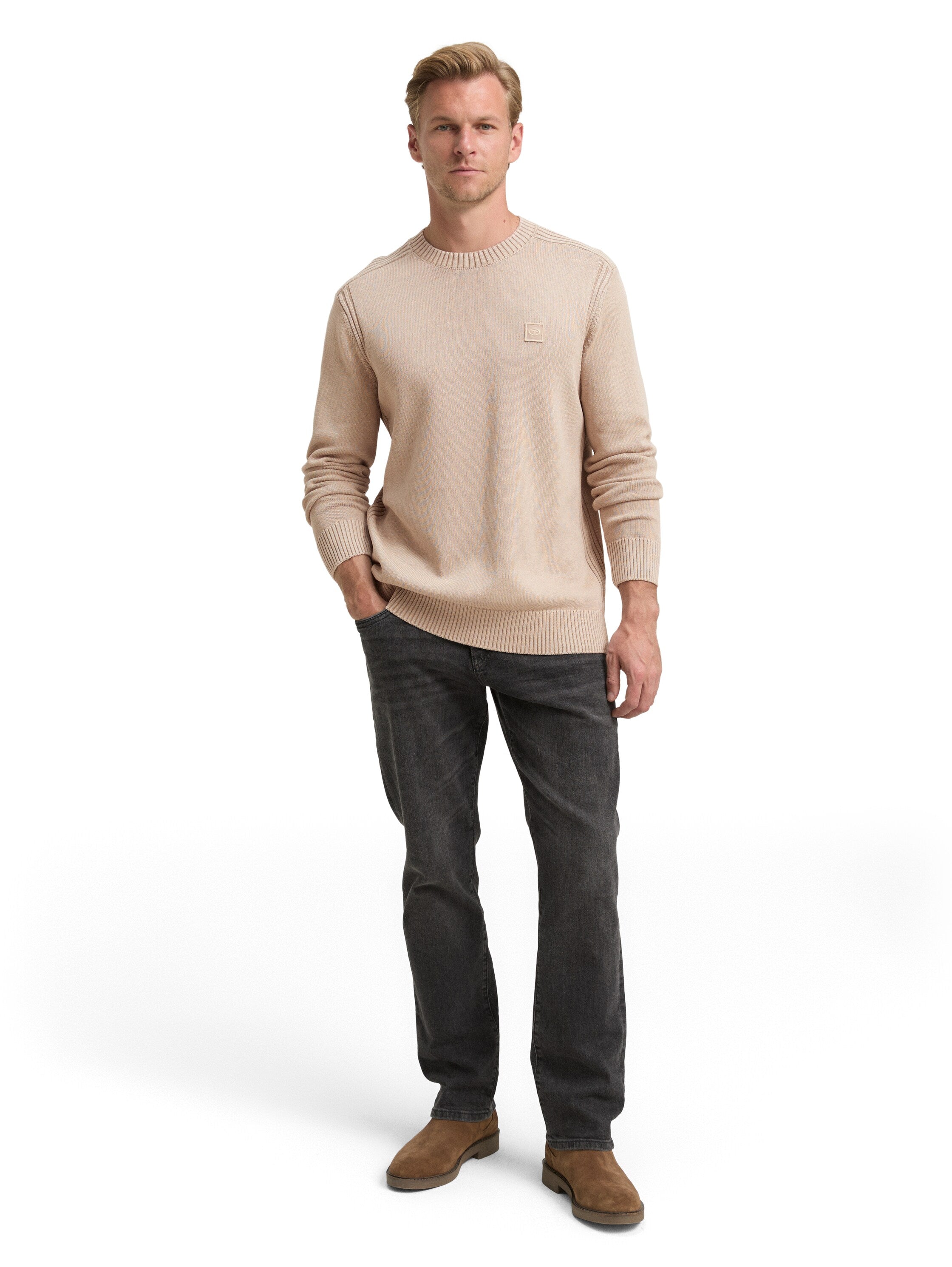 Tom Tailor Washed-look knitted Light Beige Pullover Made From Cotton