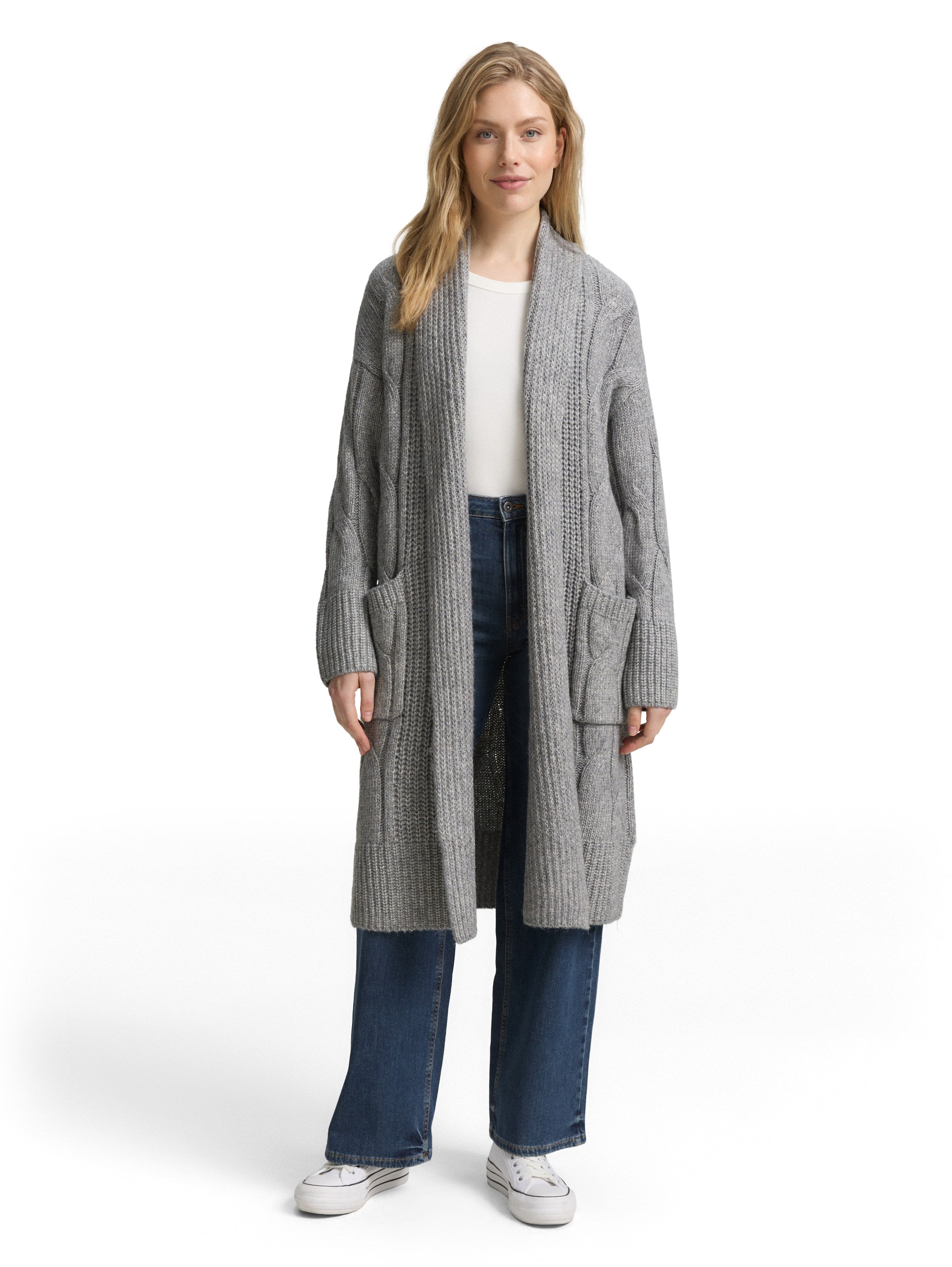 Tom Tailor Loose Fit Silver Grey Cardigan With Cable Knit Pattern