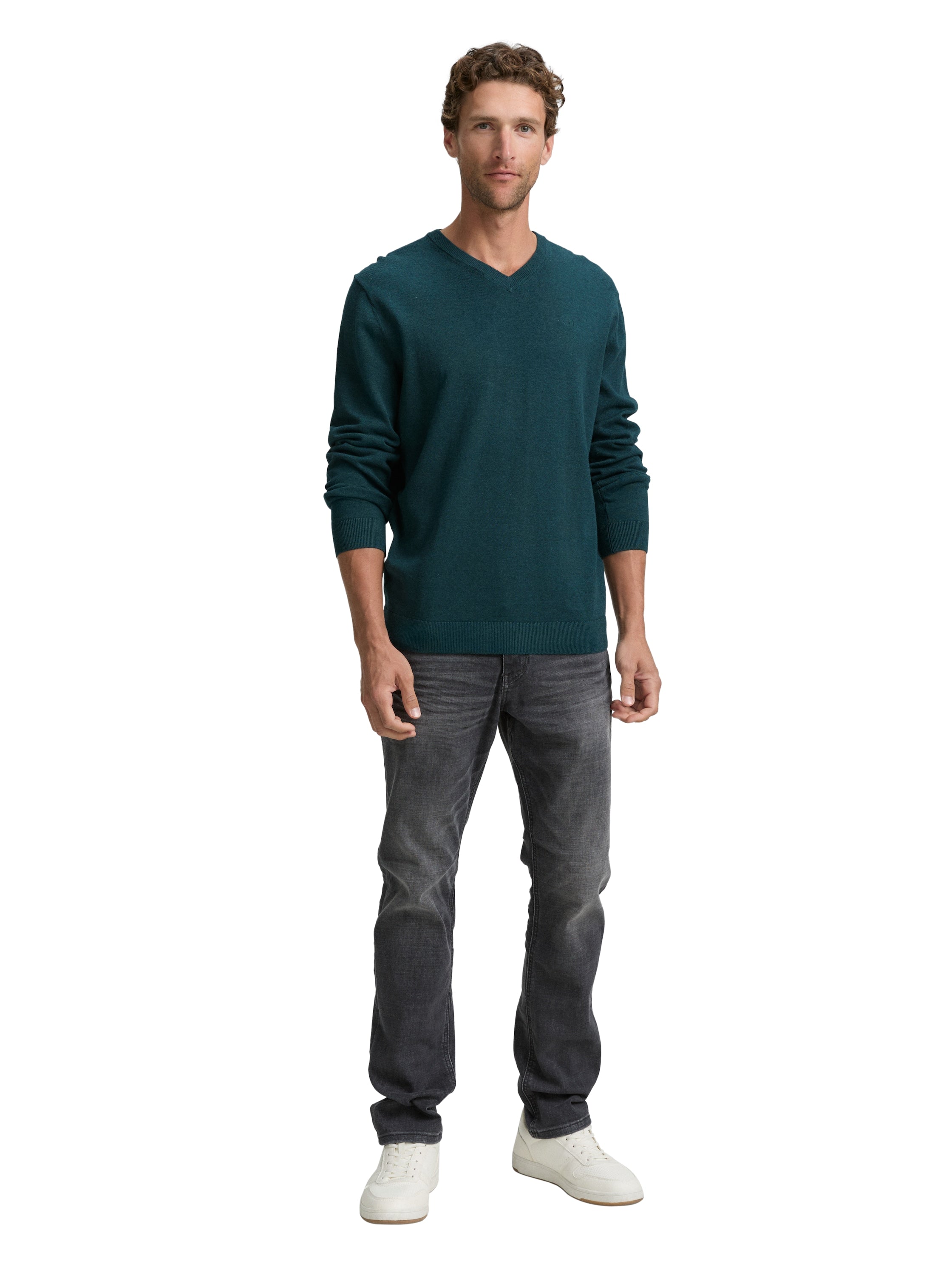 Tom Tailor Cotton V-Neck Knitted Dark Green Pullover