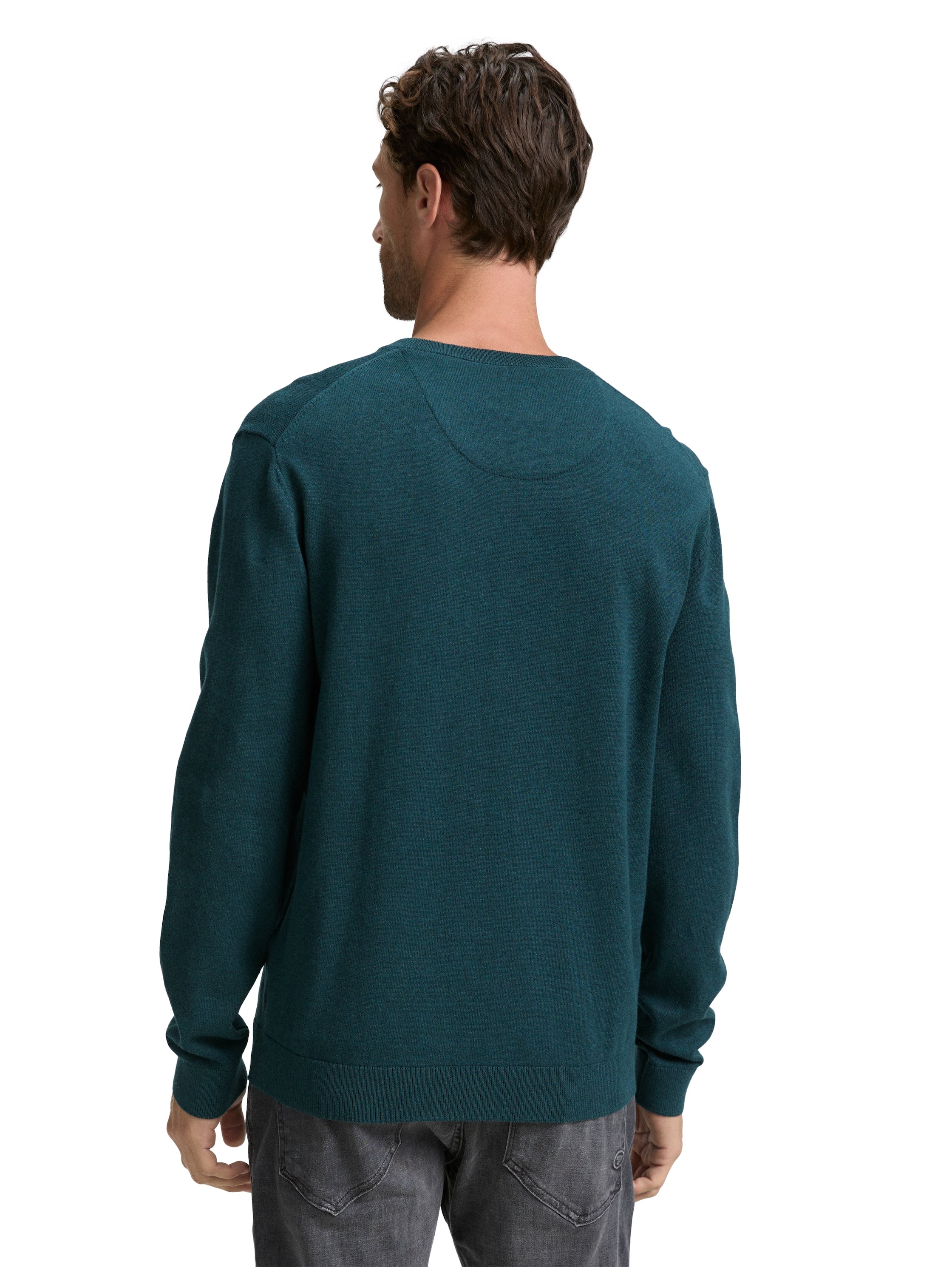 Tom Tailor Cotton V-Neck Knitted Dark Green Pullover