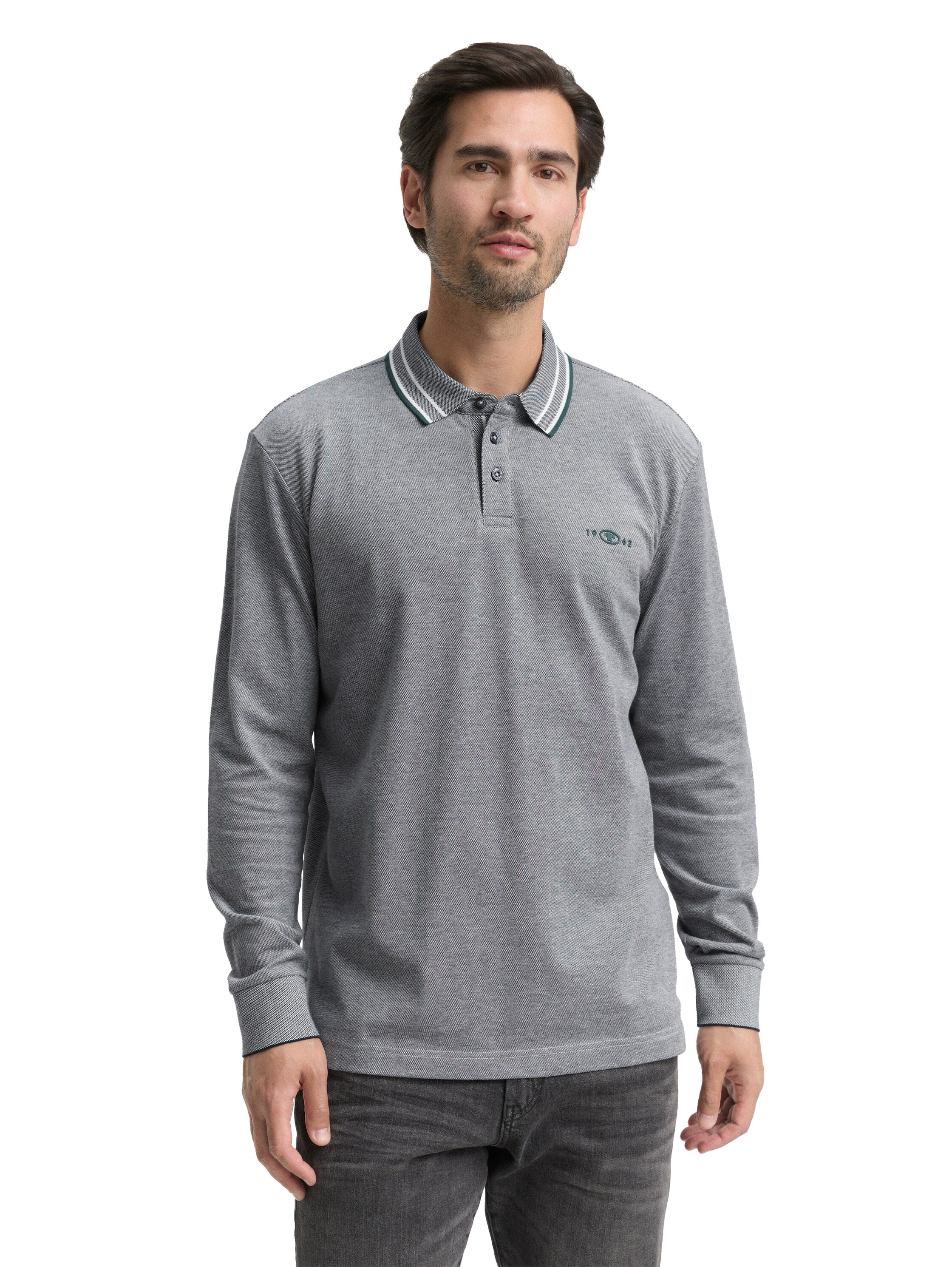 Tom Tailor Long-sleeved Piqué Grey Polo with Logo Print