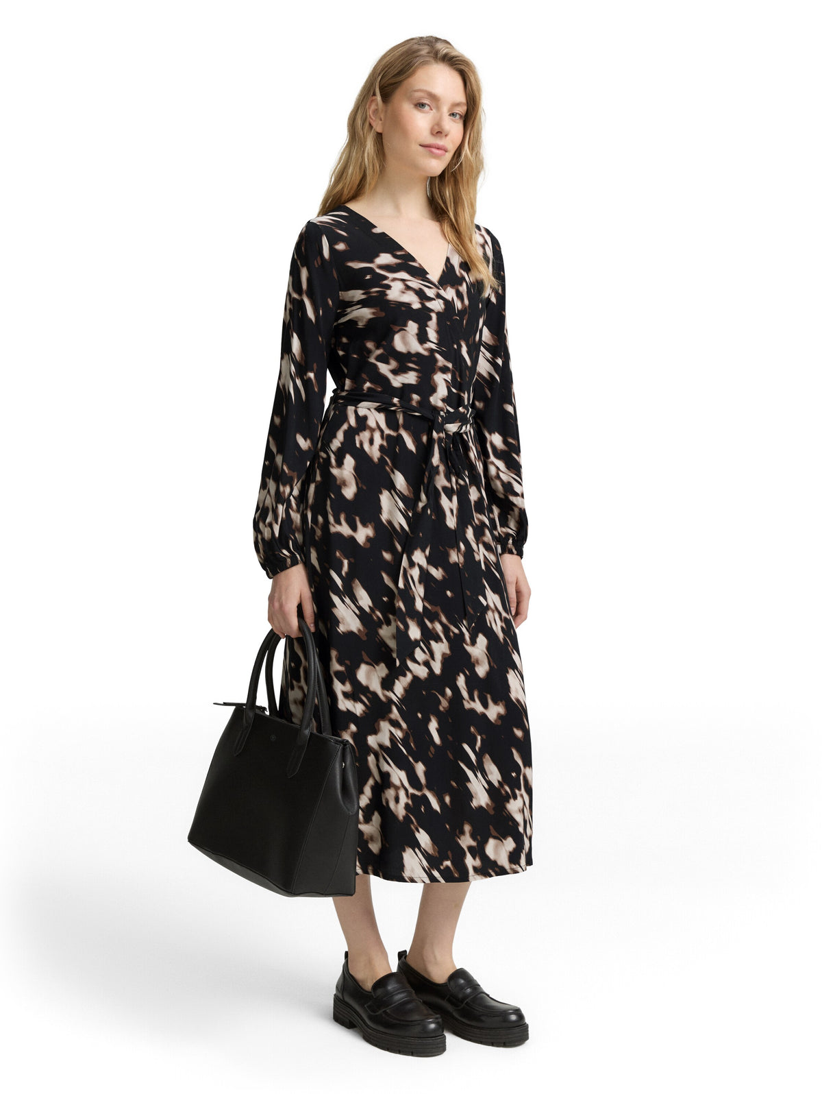 Tom Tailor Wrap Midi Dress with Pattern & Elasticated Cuffs