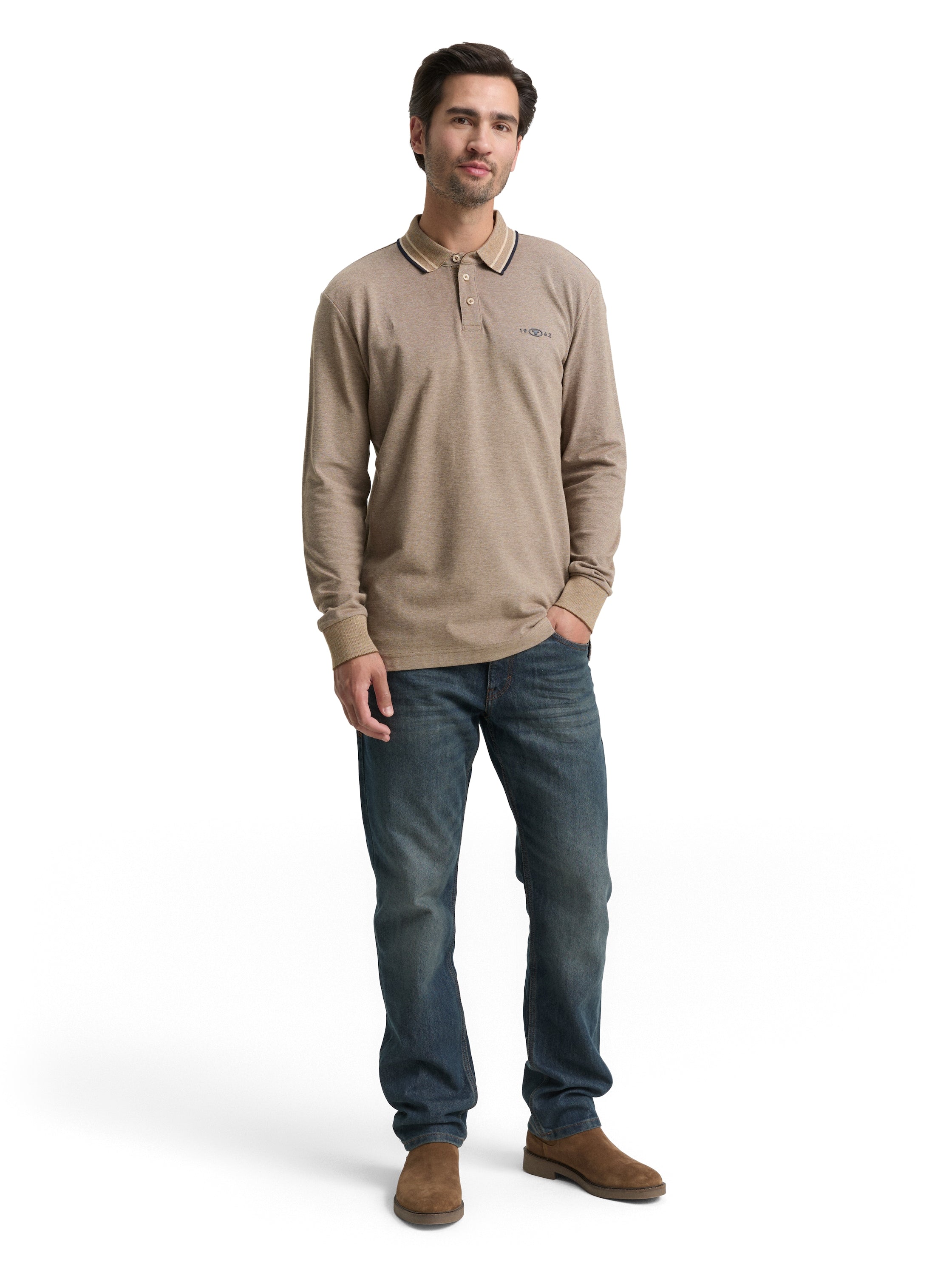 Tom Tailor Long-sleeved Piqué Beige Polo with Logo Print