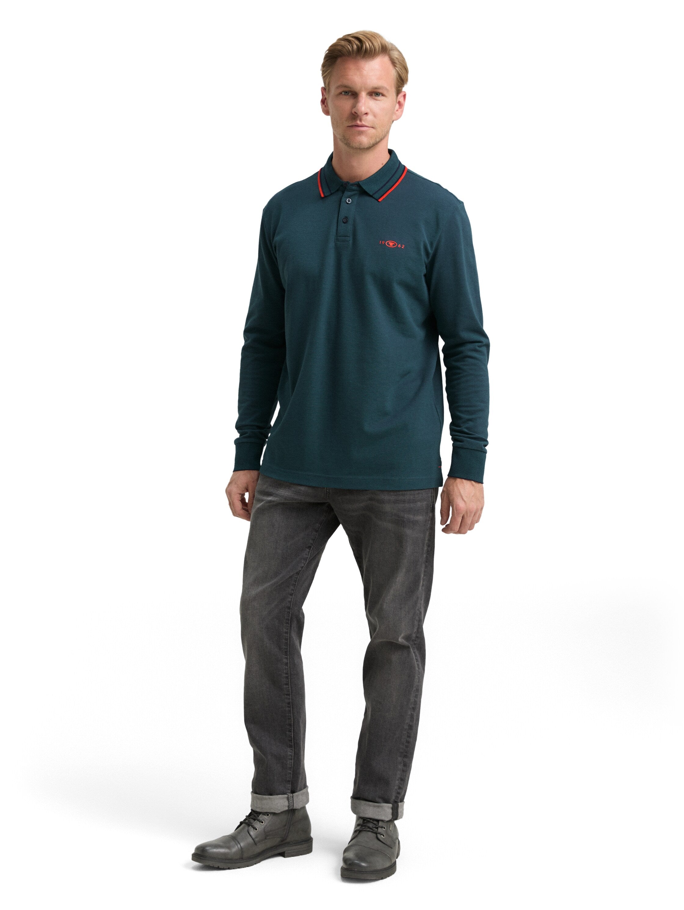 Tom Tailor Long-sleeved Piqué Green Polo with Logo Print