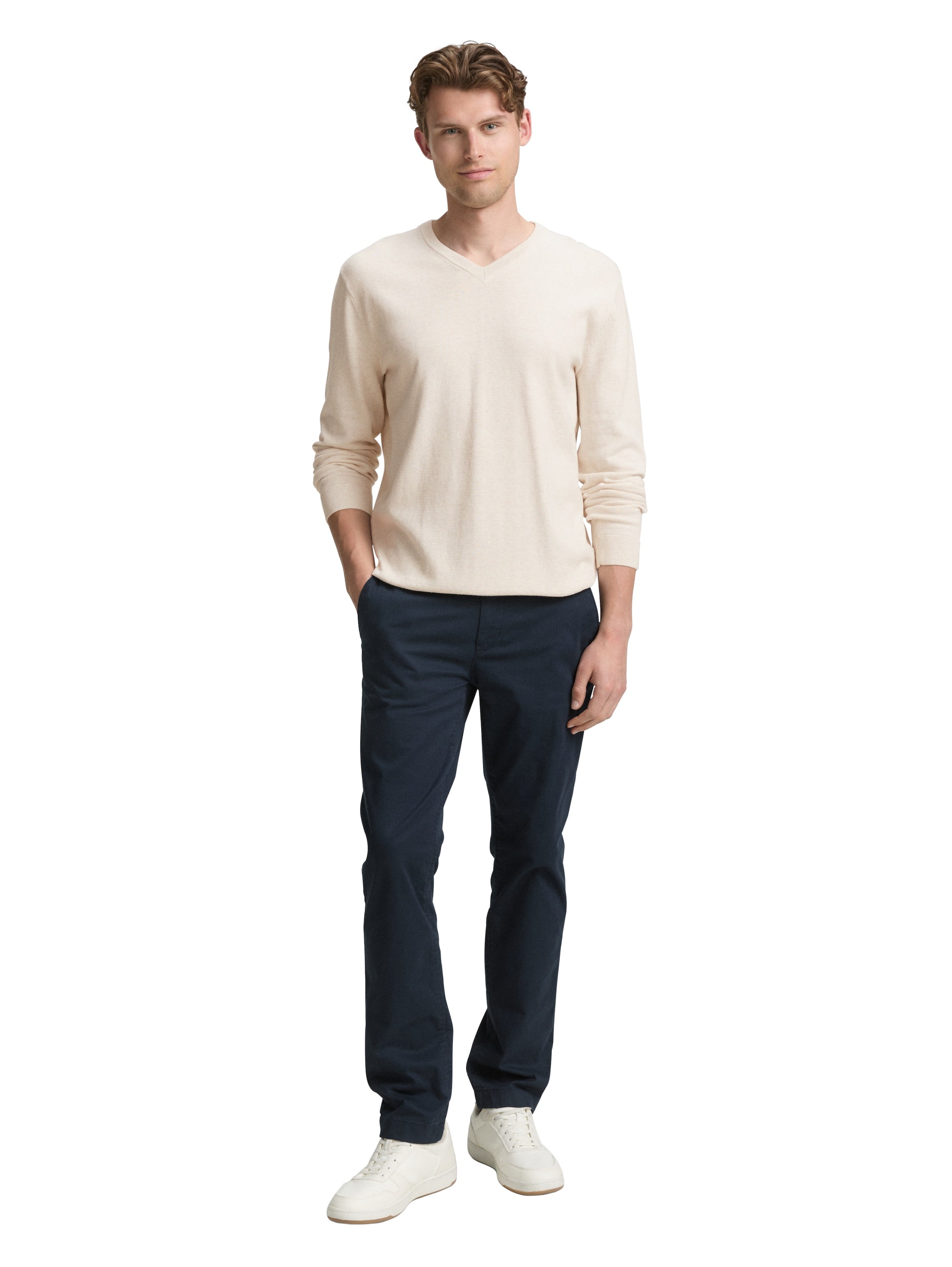 Tom Tailor Cotton V-Neck Knitted Offwhite Pullover