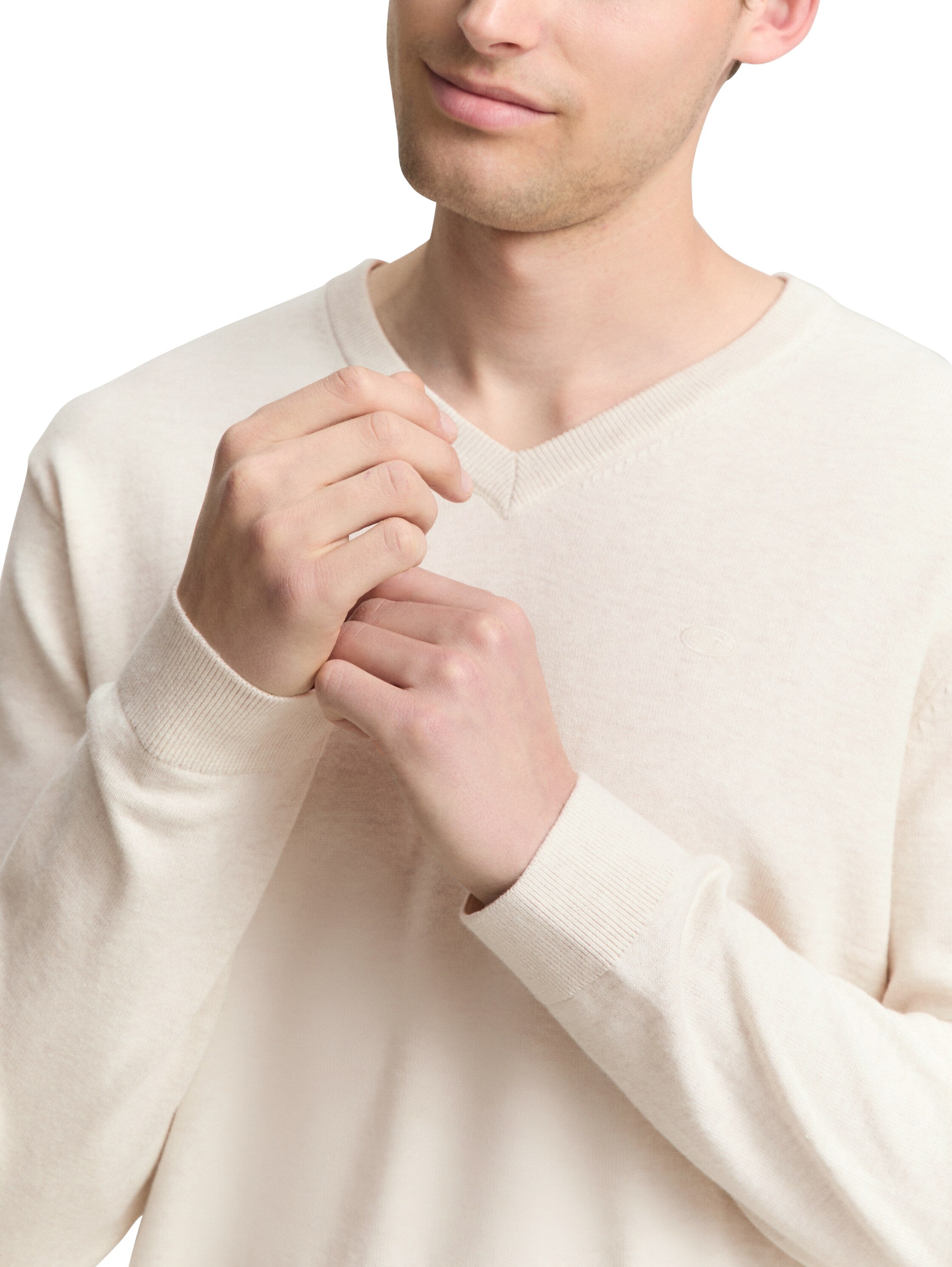 Tom Tailor Cotton V-Neck Knitted Offwhite Pullover
