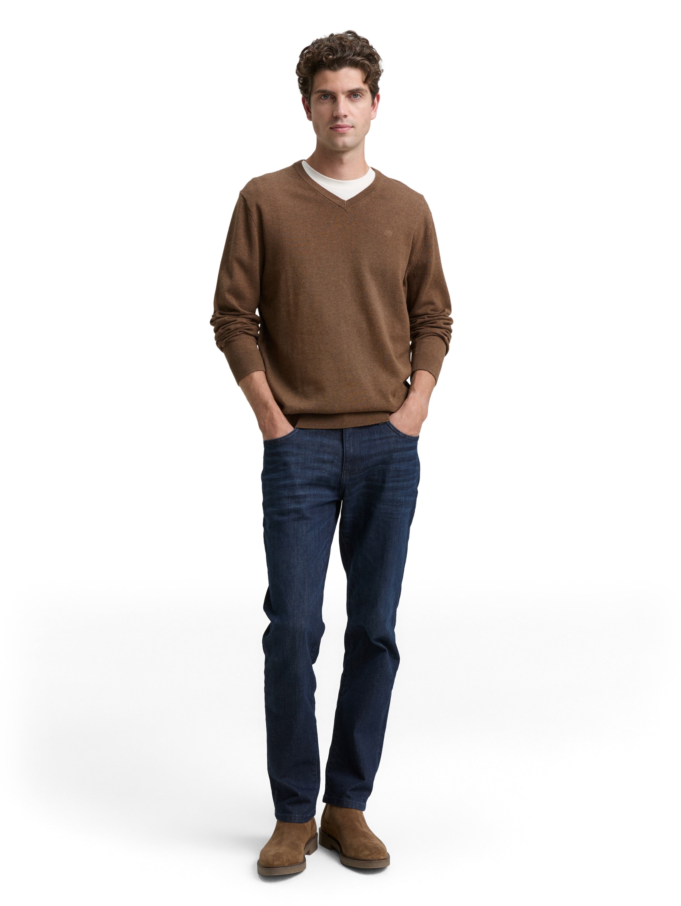 Tom Tailor Cotton V-Neck Knitted Brown Pullover