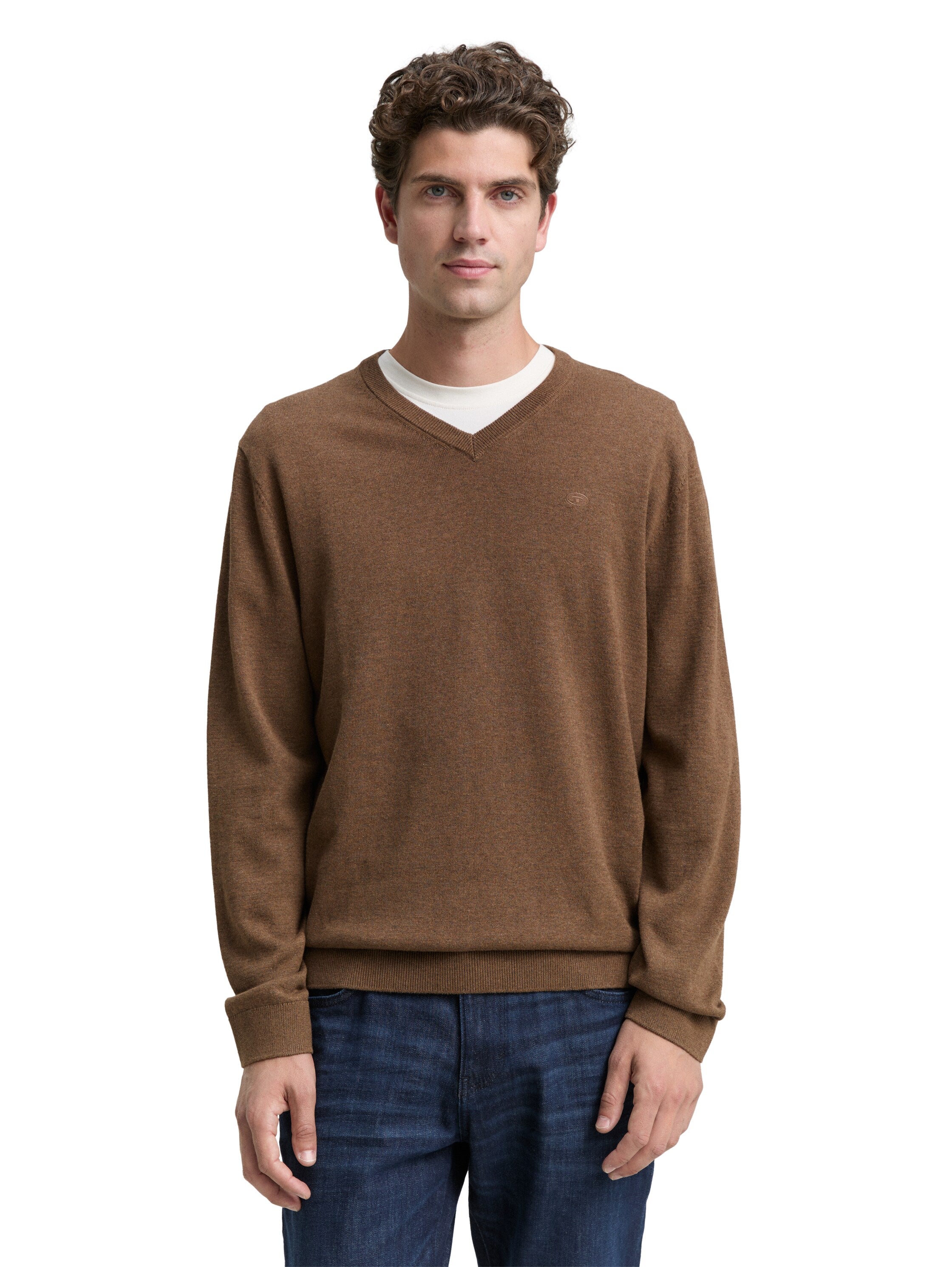 Tom Tailor Cotton V-Neck Knitted Brown Pullover