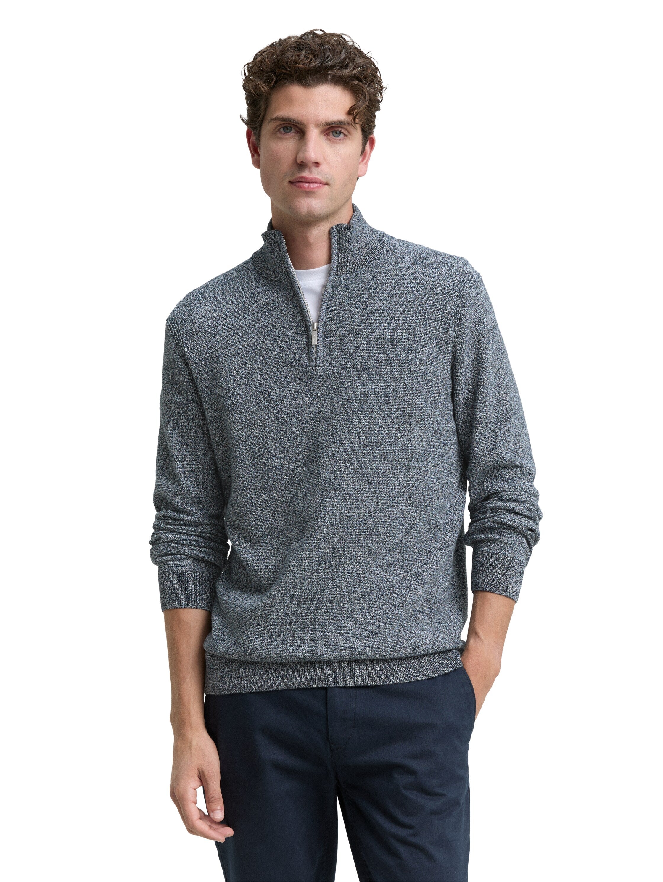 Tom Tailor Long Sleeve Knitwear Grey Pullover With Half Zipper To Close