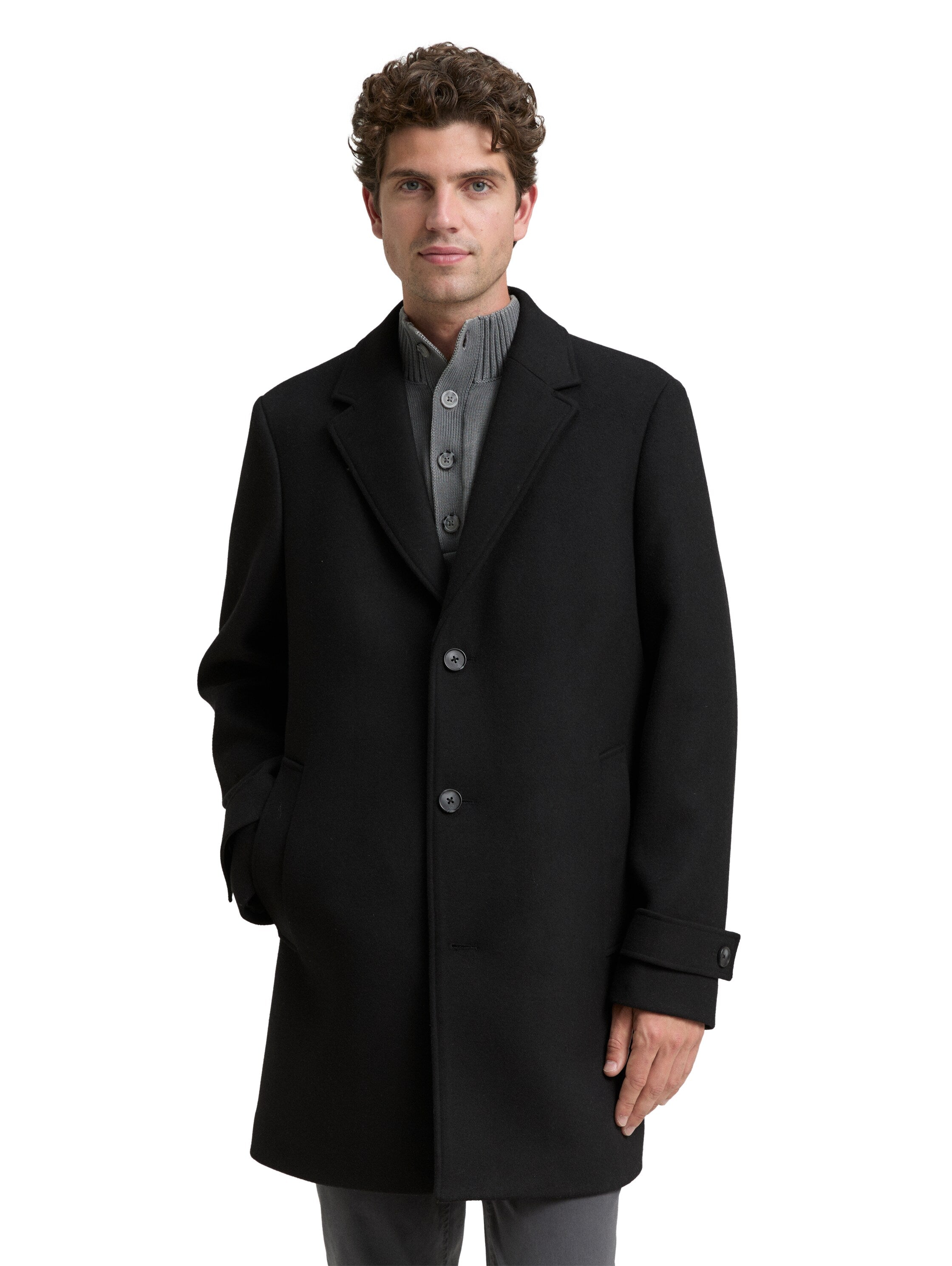 Tom Tailor Wool Black Coat With Lapel Collar