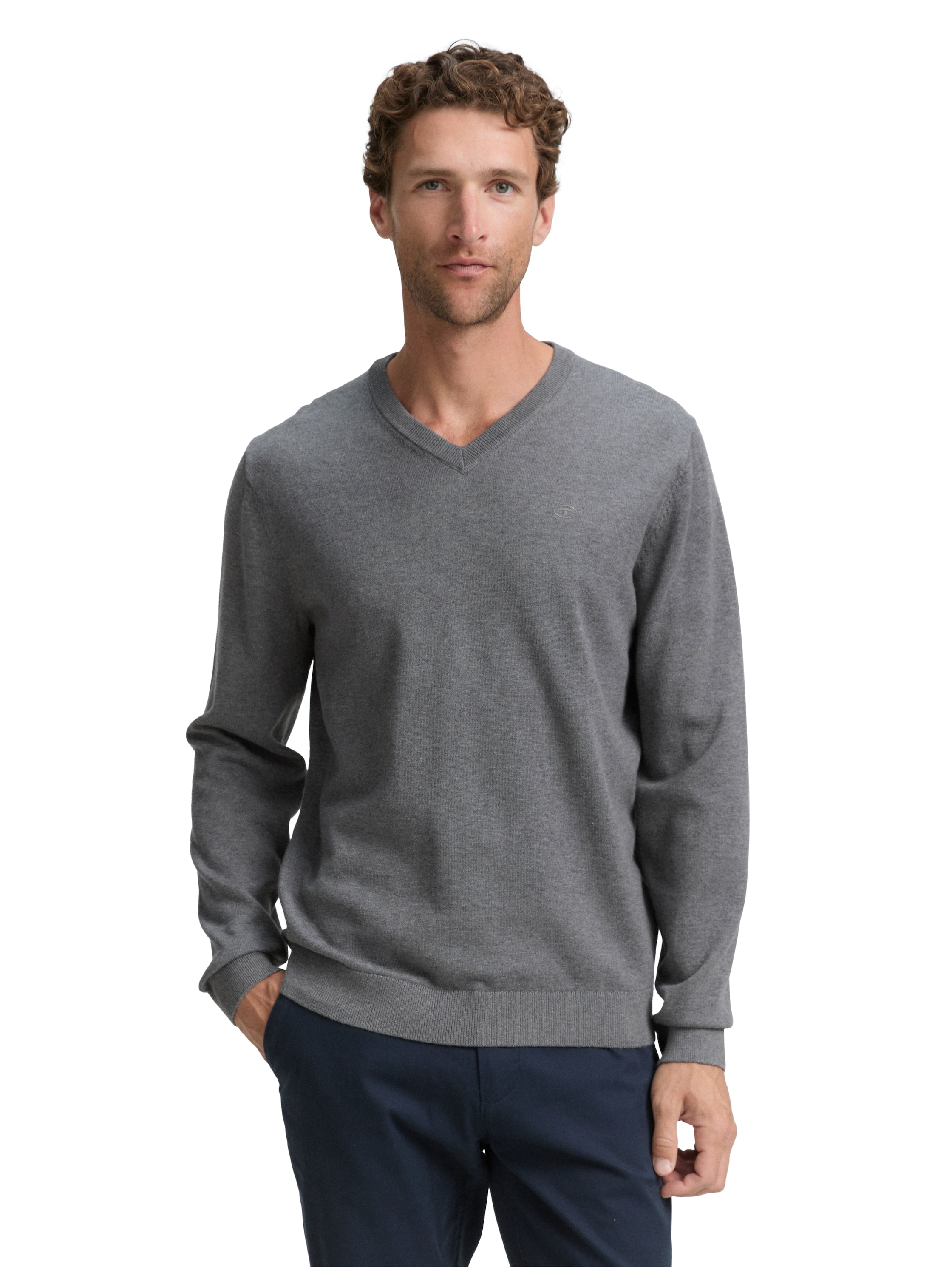 Tom Tailor Cotton V-Neck Knitted Dark Grey Pullover