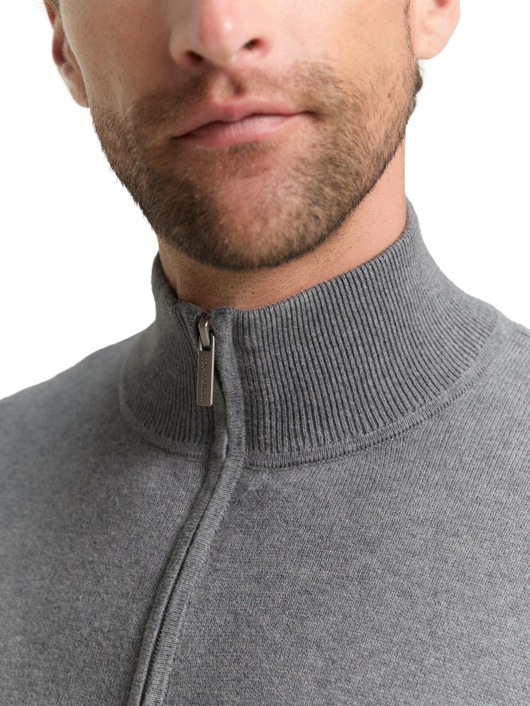 Tom Tailor Knit Grey Pullover With Half Zipper To Close