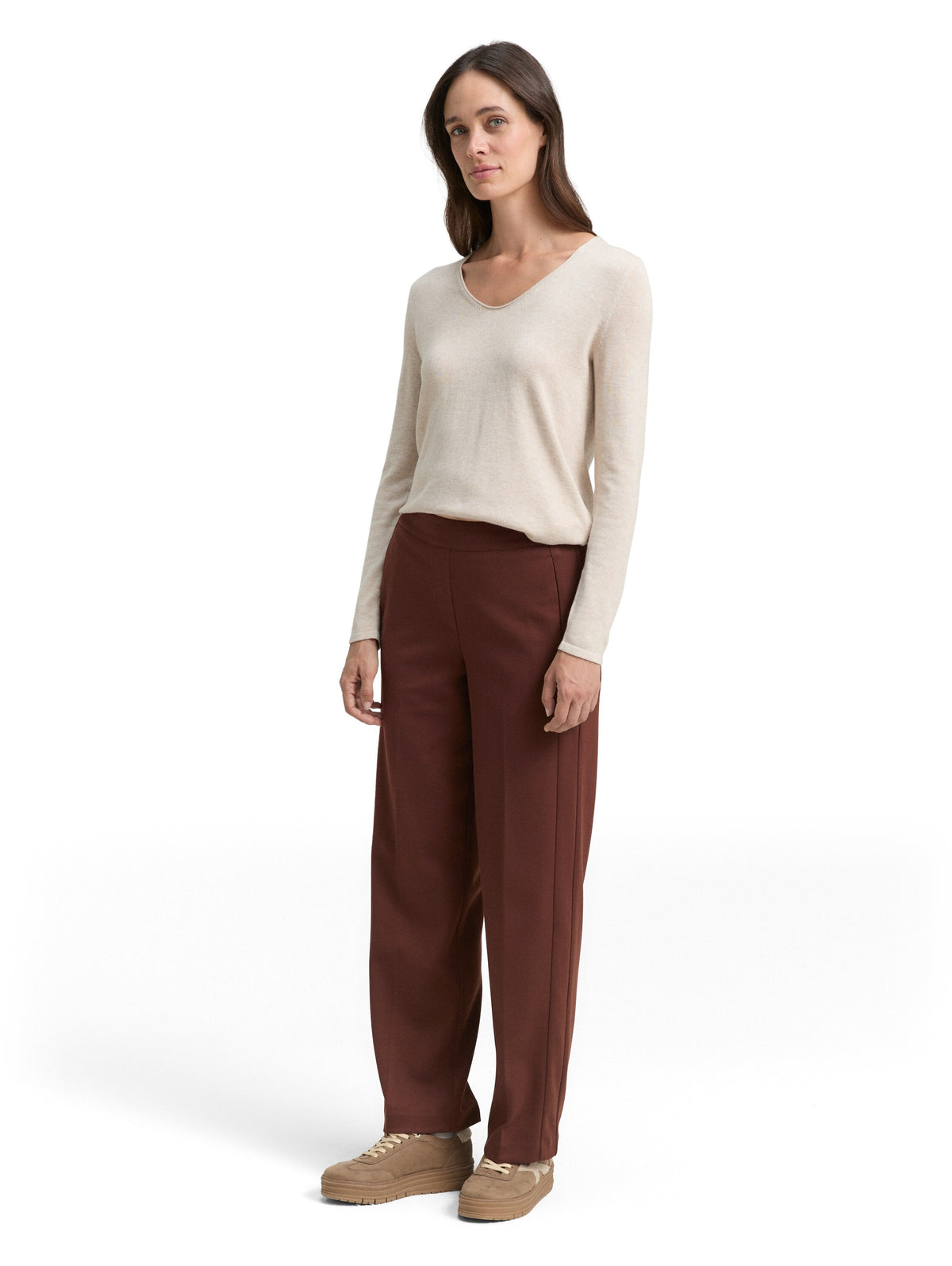 Tom Tailor Dark Pecan Brown Straight Fit Pant with Elasticated Waistband
