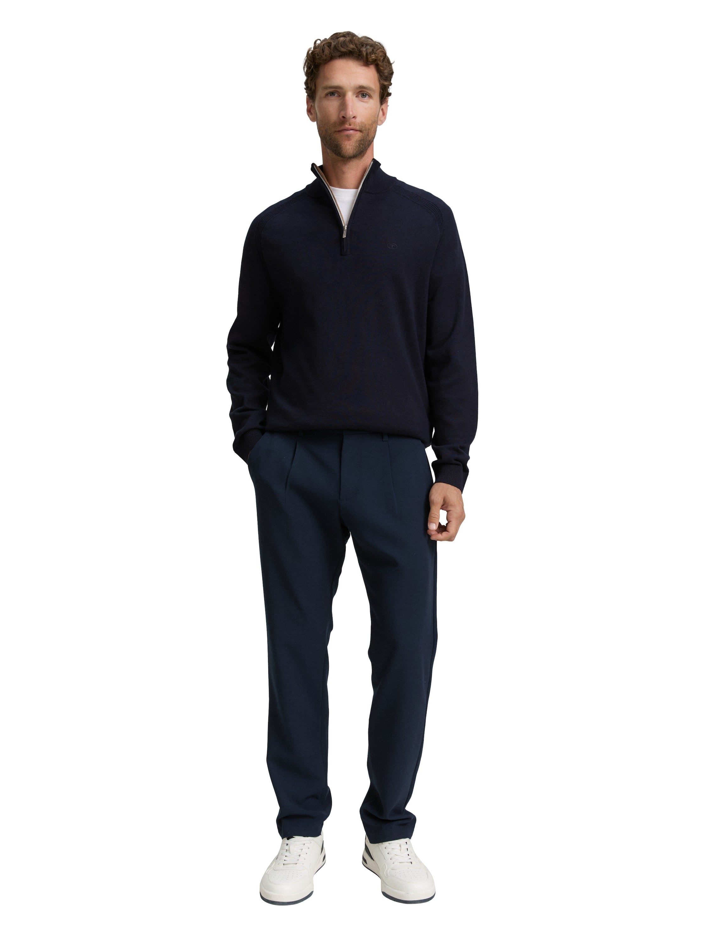 Tom Tailor Troyer Knitted Navy Pullover With Logo Embroidery