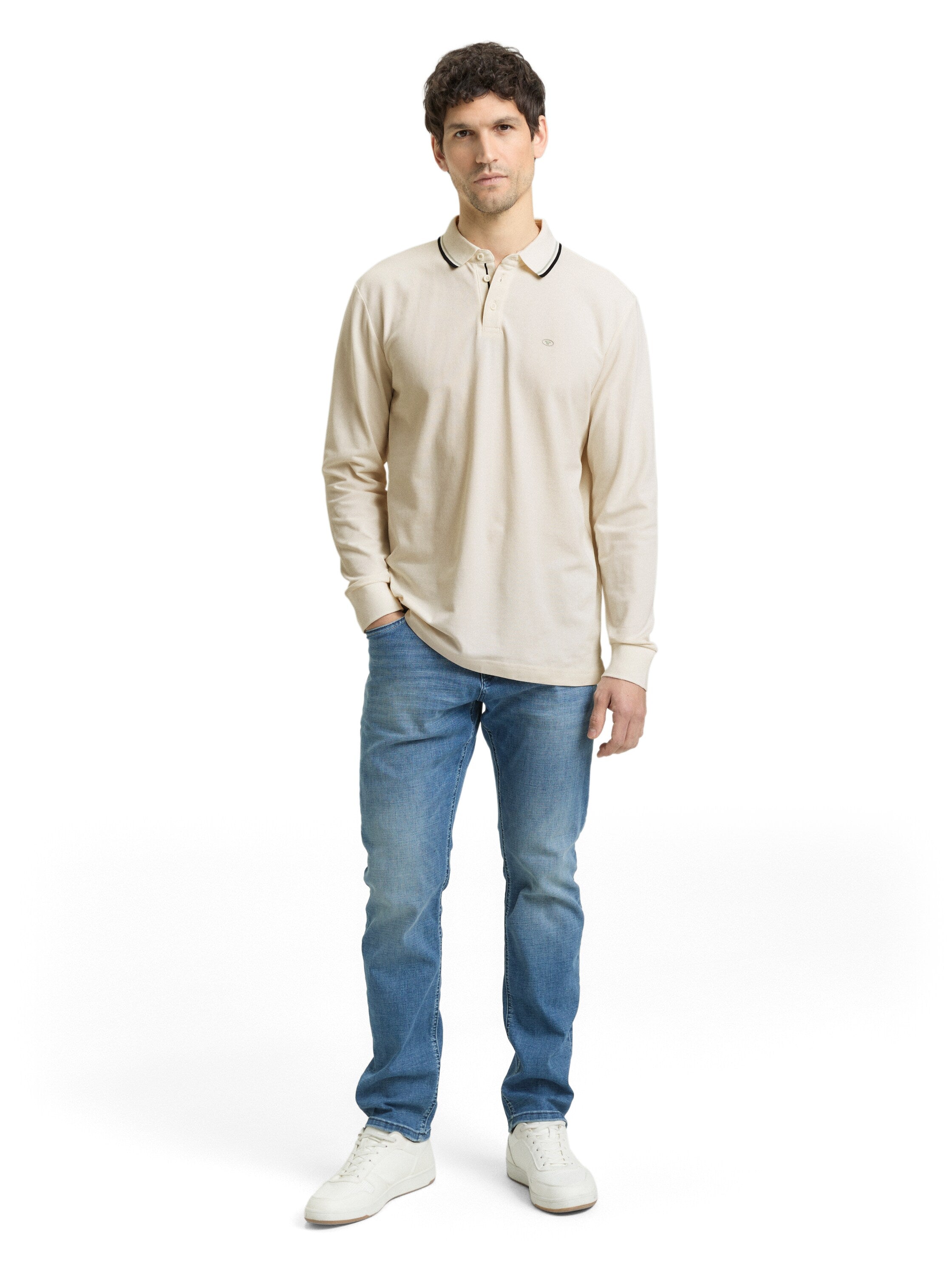 Tom Tailor Long Sleeved Beige Polo With Printed Logo