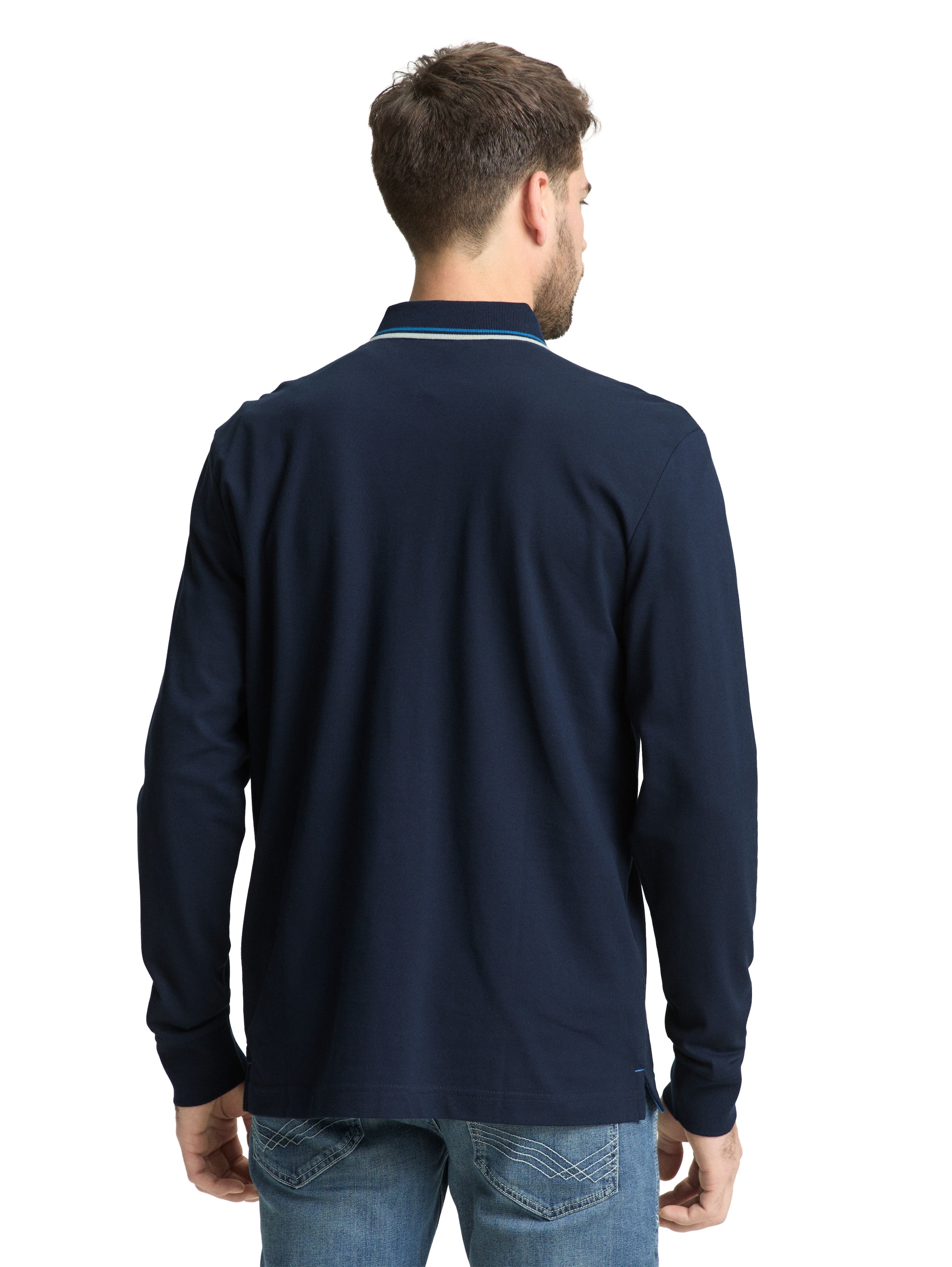 Tom Tailor Long Sleeved Navy Polo With Printed Logo