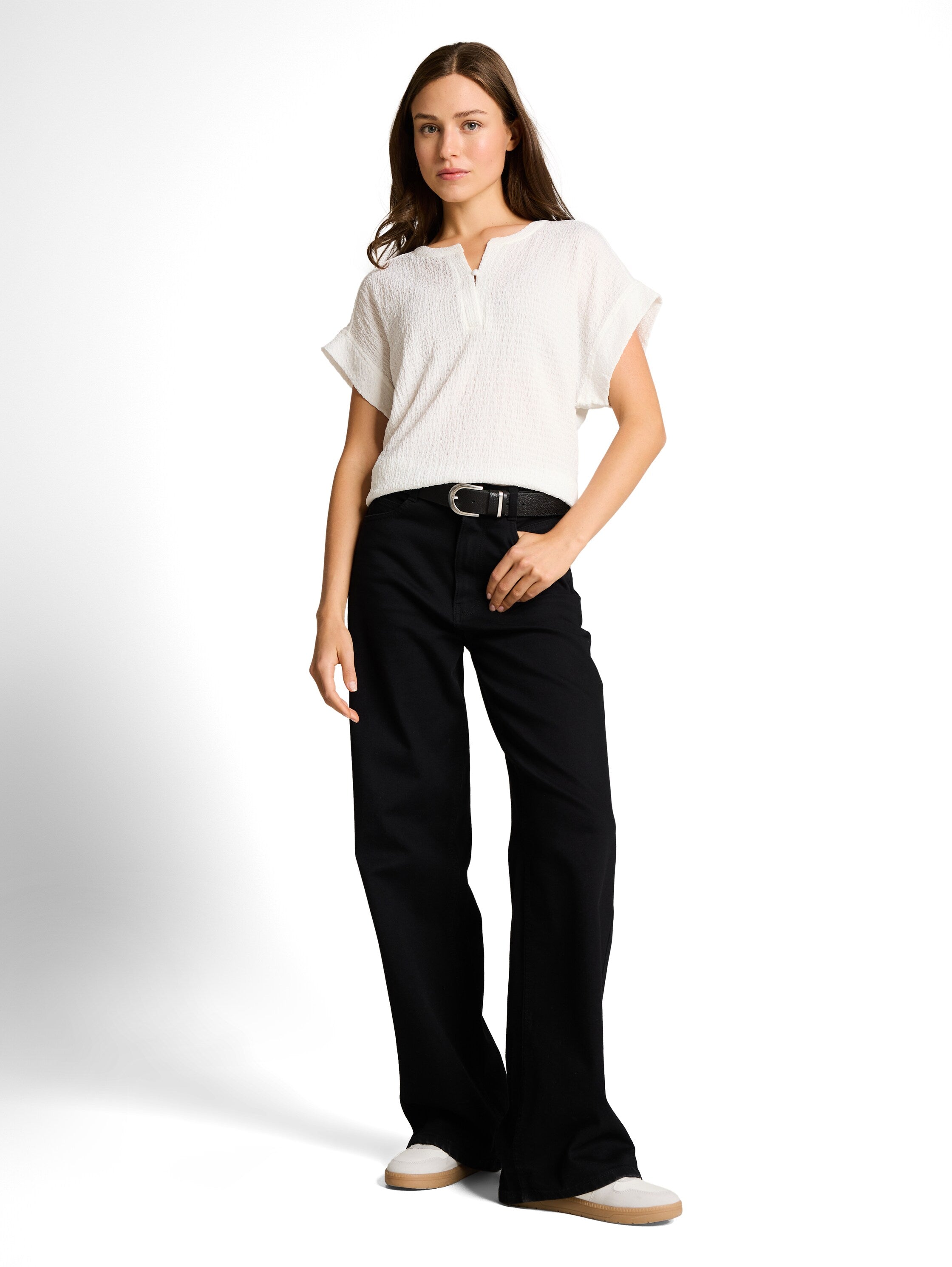 Tom Tailor White Plain T-shirt With Button At The Neckline
