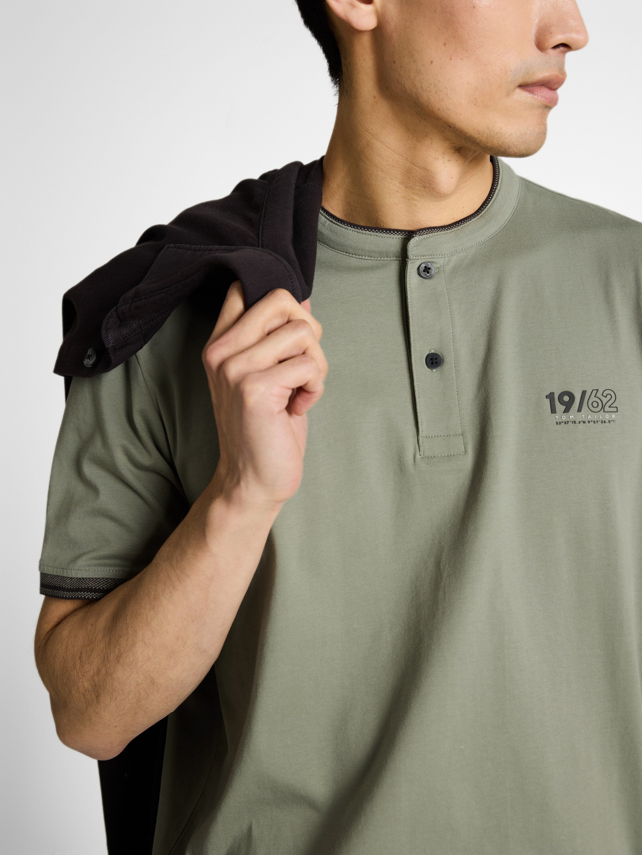 Tom Tailor Olive Polo With Stand-Up Collar Logo Print On The Chest