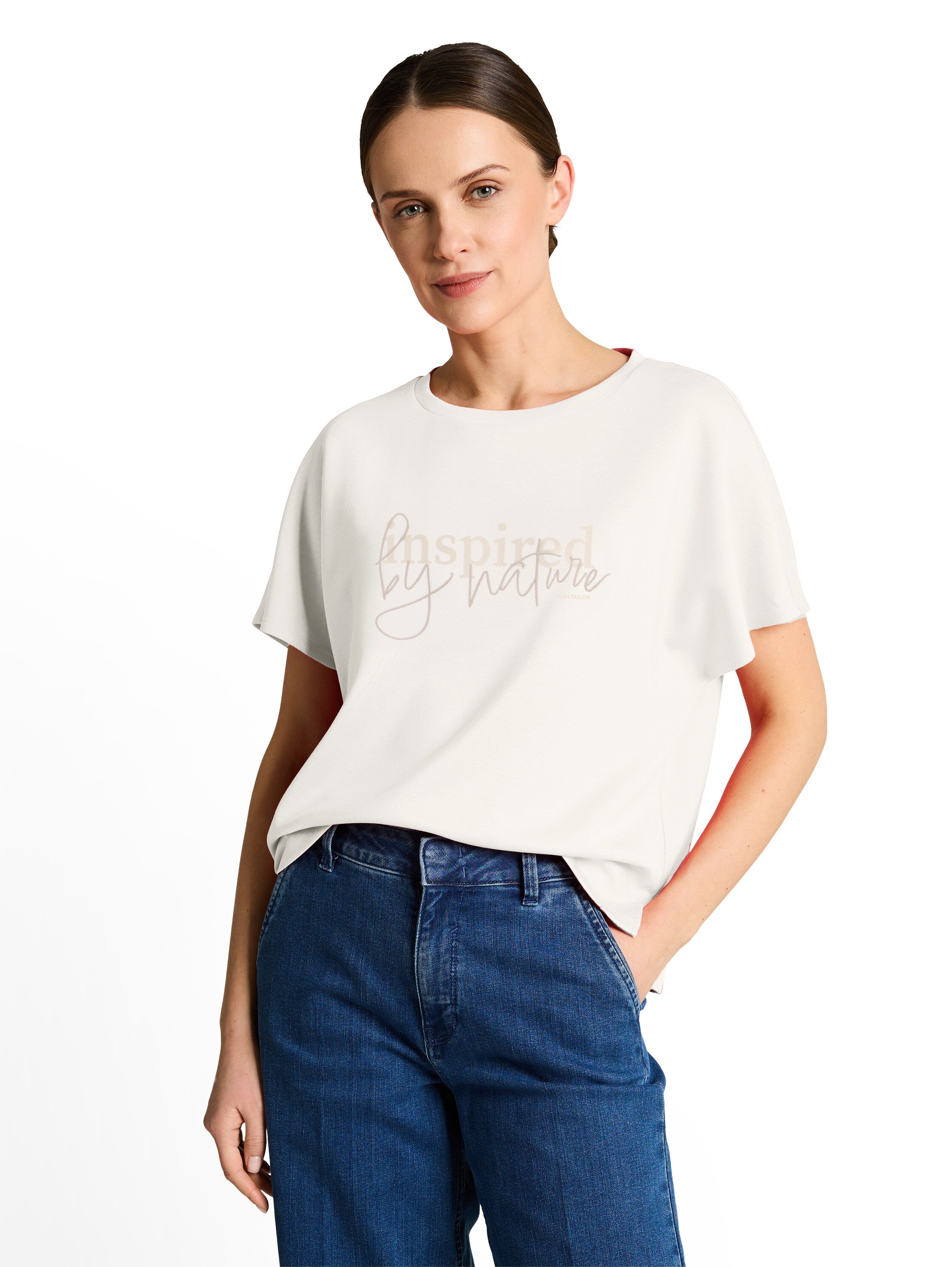 Tom Tailor Off White Loose-Fit Scuba T-shirt With Print
