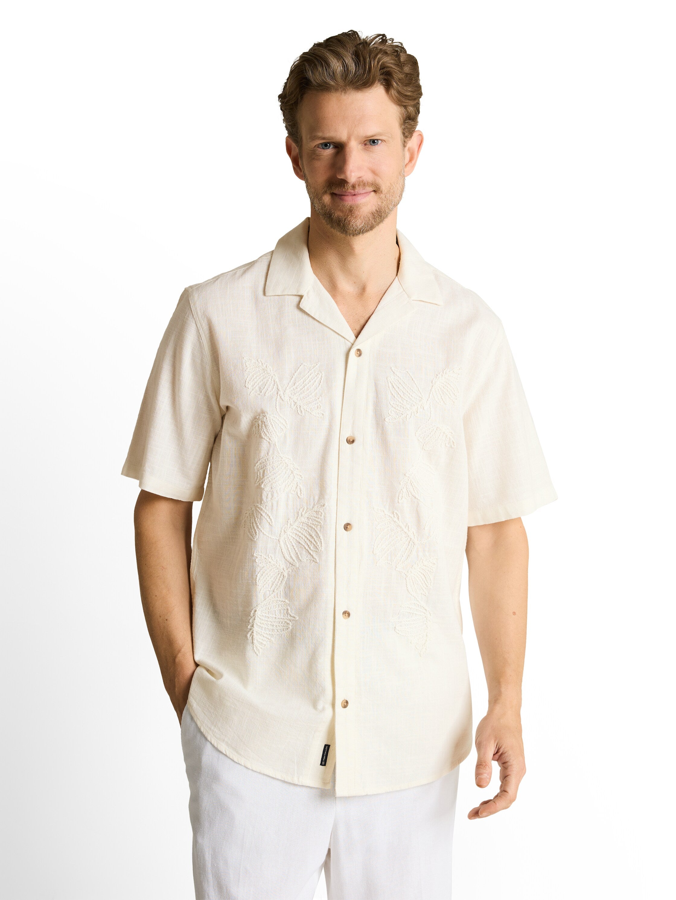 Tom Tailor Gardenia White Regular Fit Short-Sleeved Shirt With Embroidery