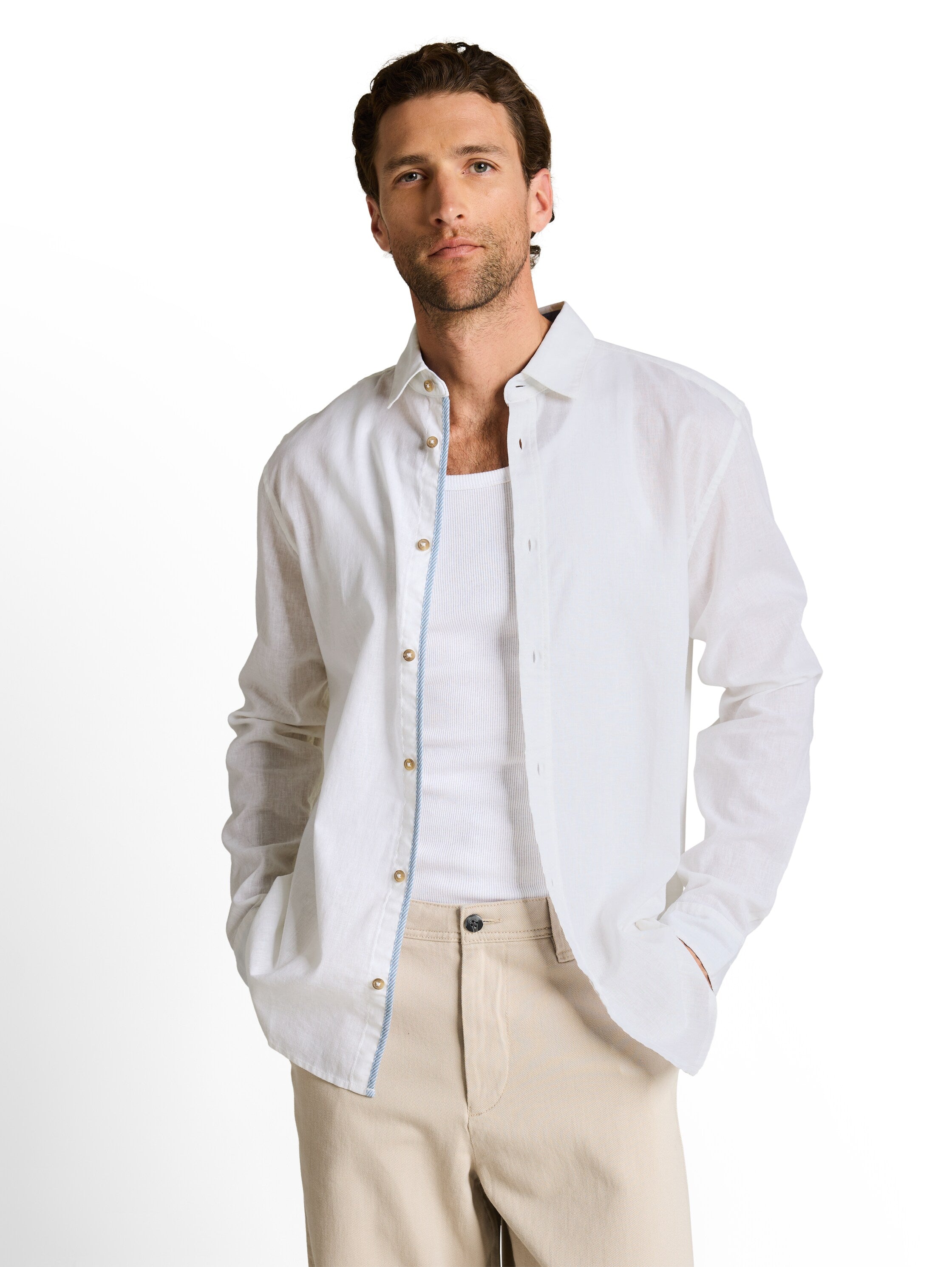 Tom Tailor White Long Sleeved Regular Fit Shirt With Linen Blend